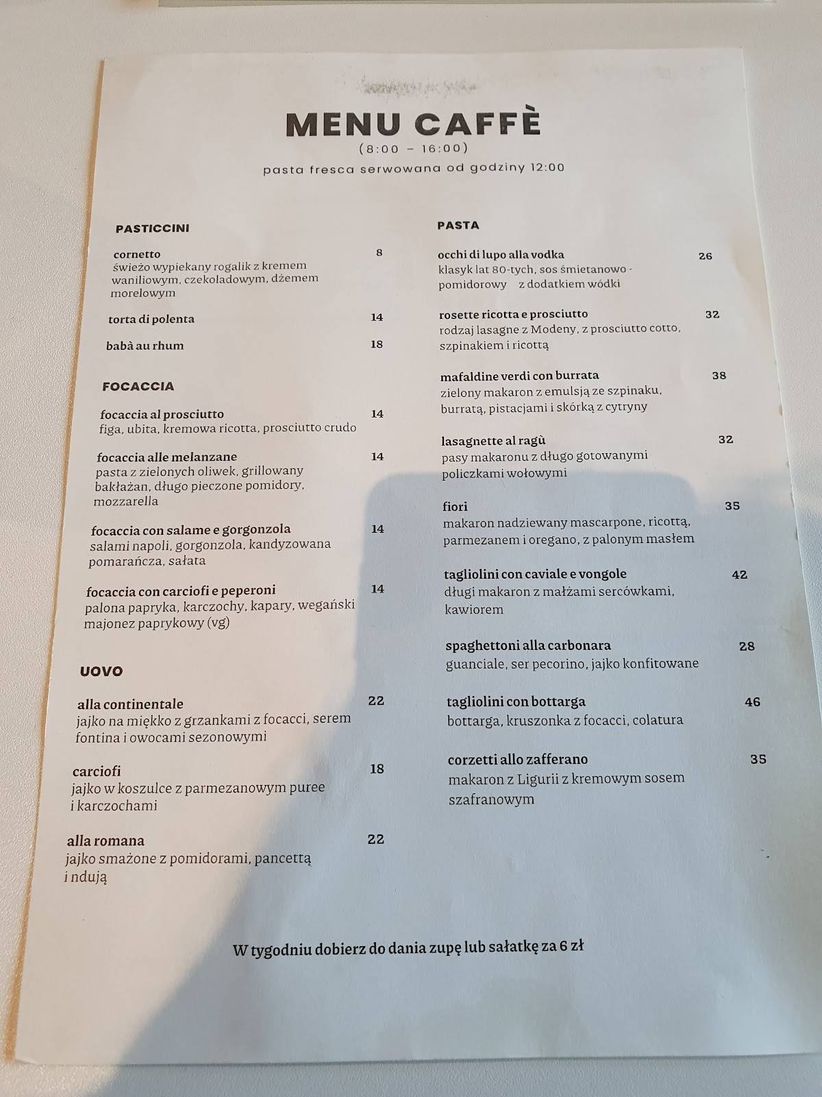Menu at Lupo Pasta Fresca restaurant, Warsaw
