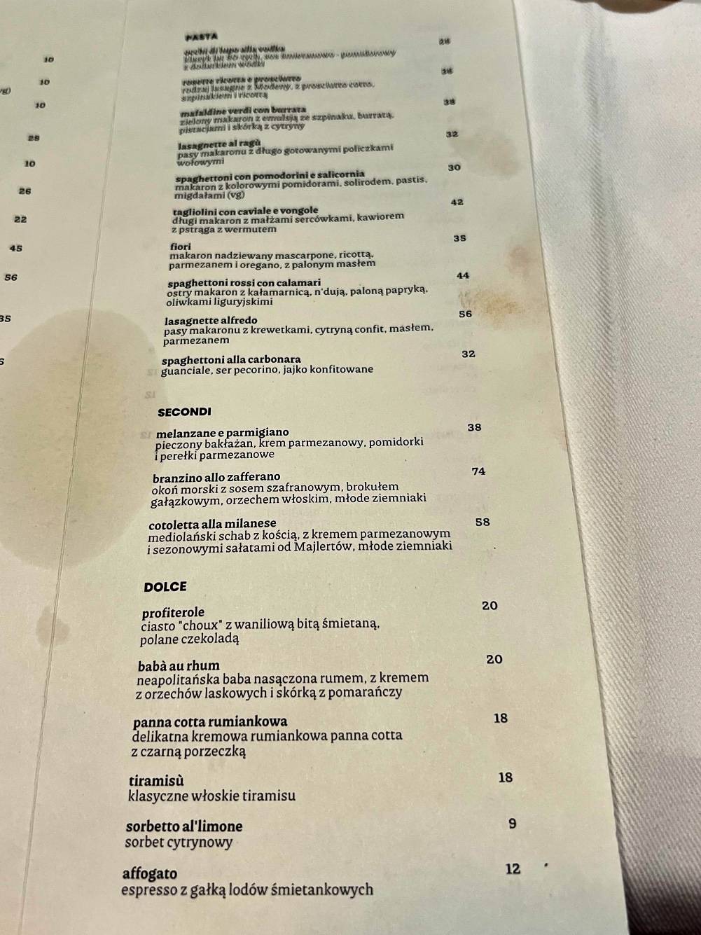 Menu at Lupo Pasta Fresca restaurant, Warsaw