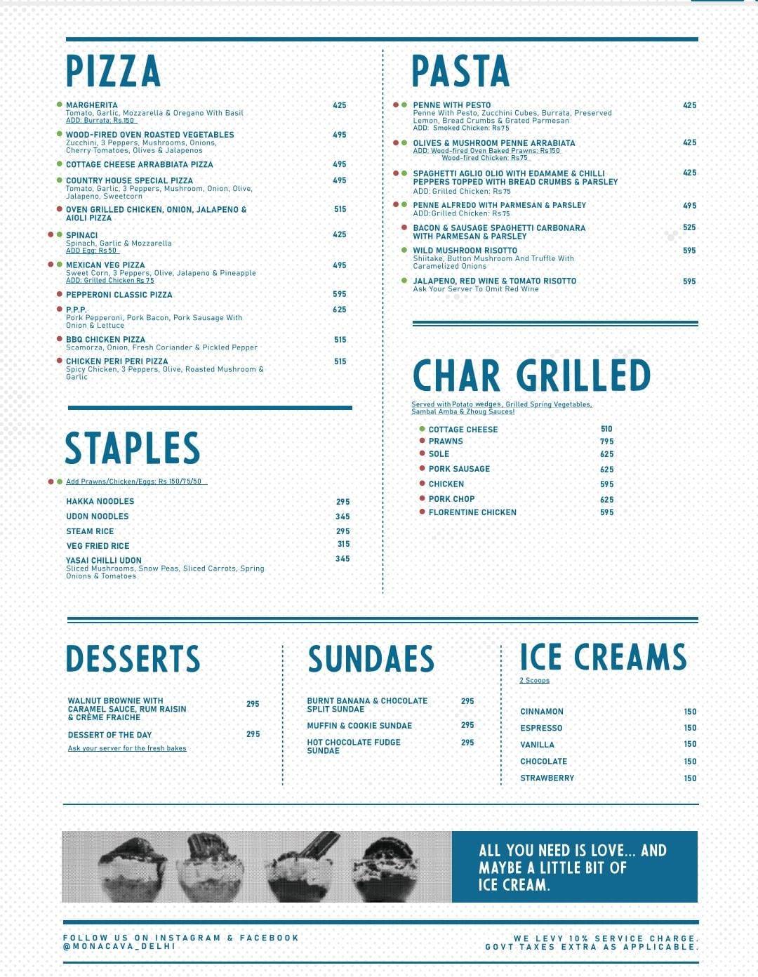 MONA CAVA CAFE AND PUB menu