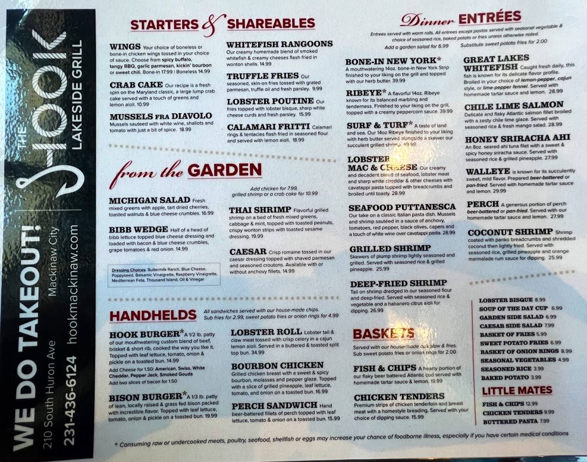 Menu at The Hook Lakeside Grill pub & bar, Mackinaw City