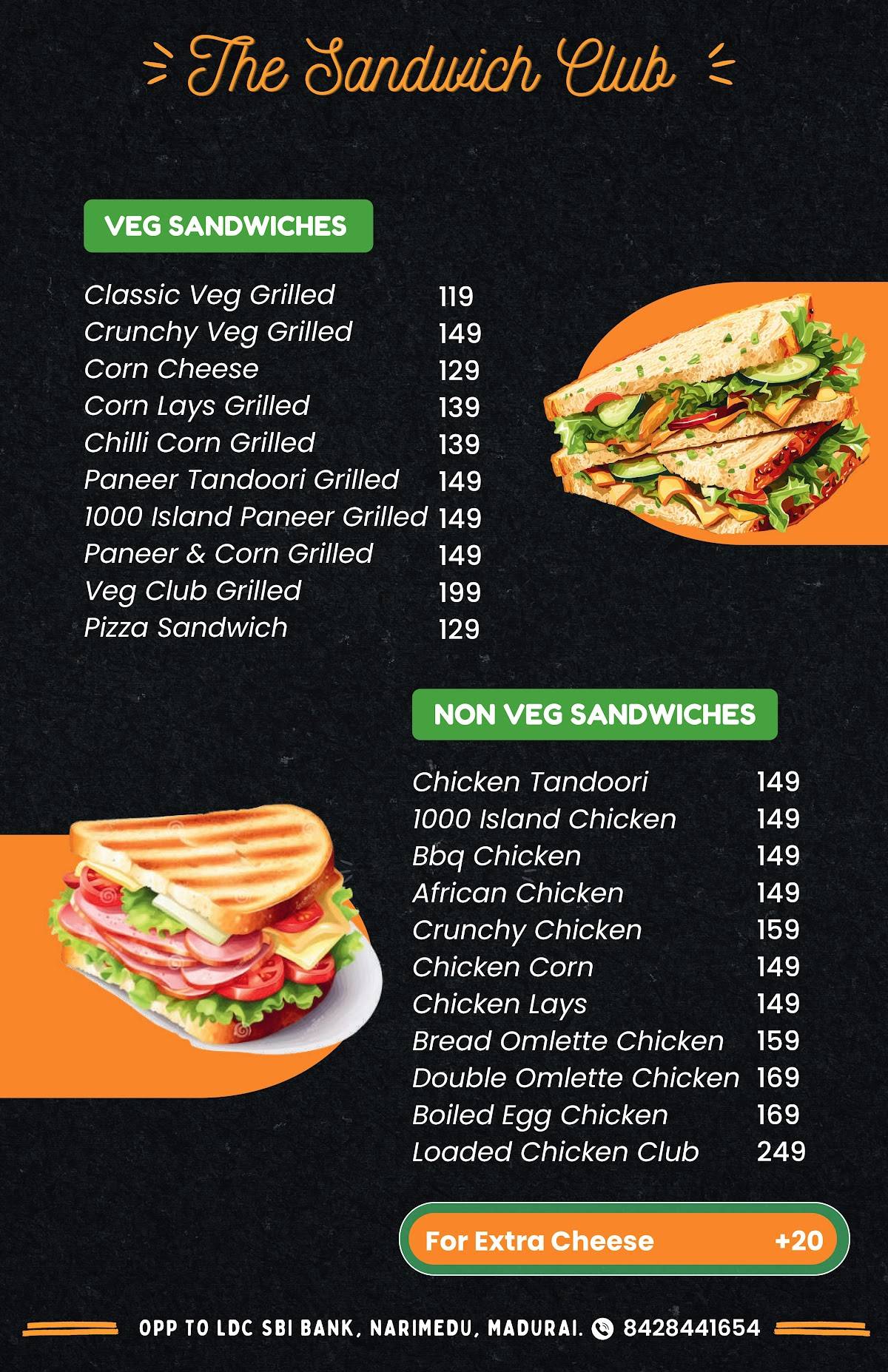 The Sandwich Club Sandwiches, Burgers, Momos, Wraps, Brownies, Pasta and Pizza menu