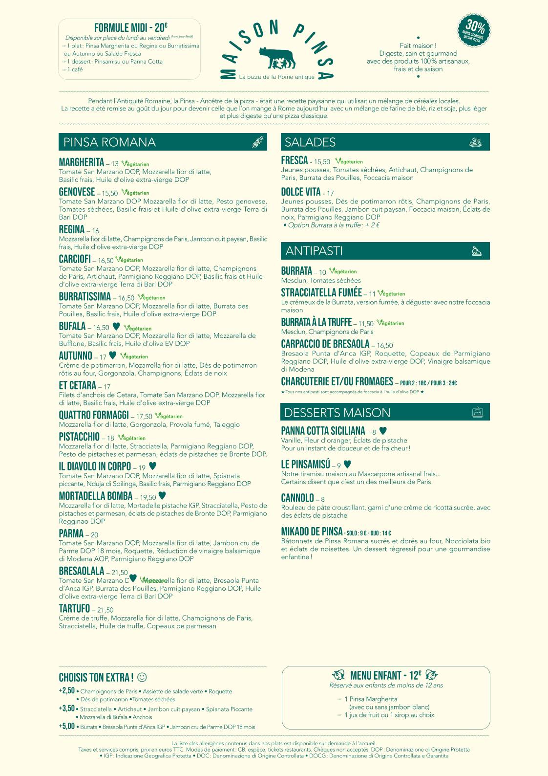 Menu de Maison Pinsa Montmartre
