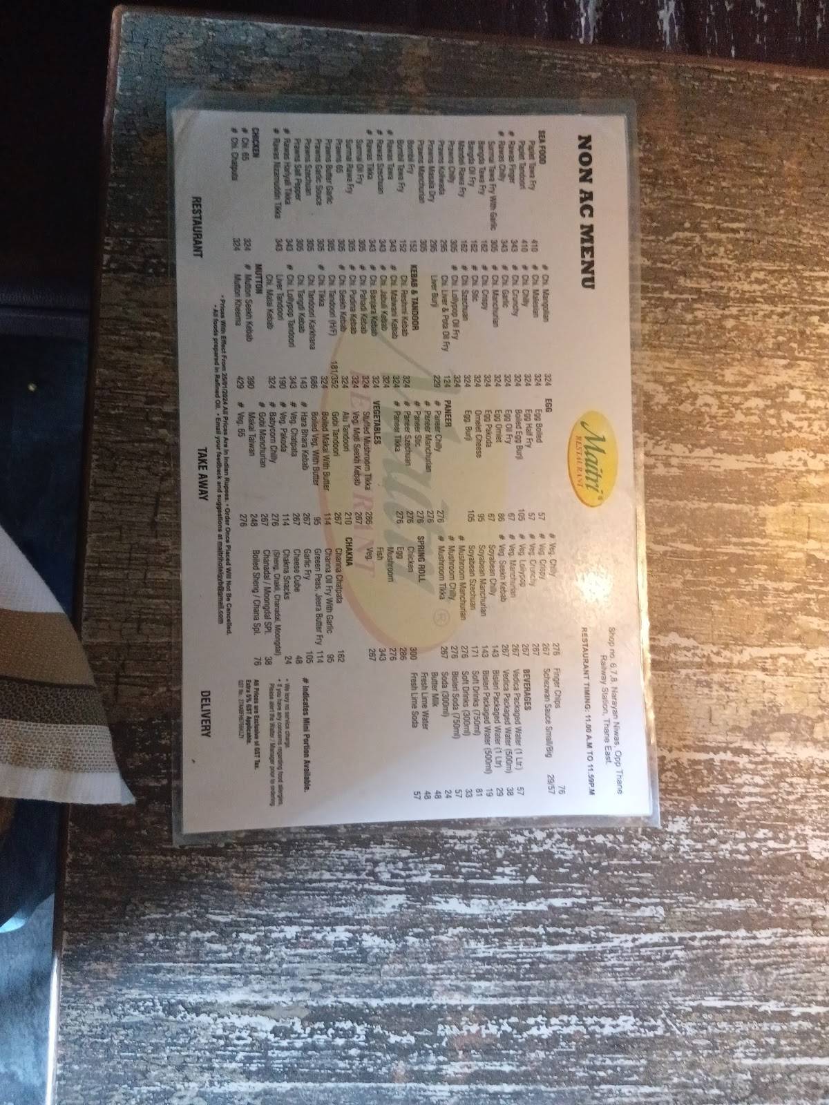 Maitri Restaurant & Bar menu