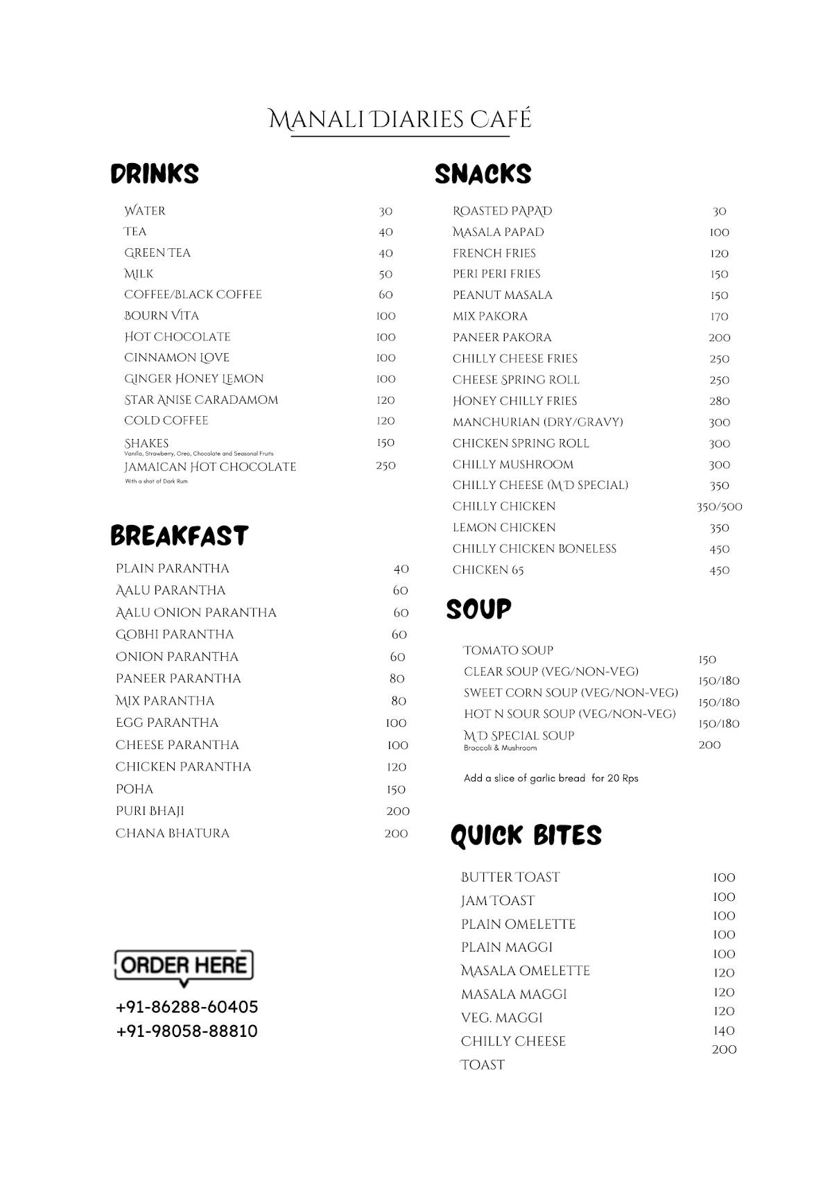 Manali Diaries Cafe - Pizzeria menu