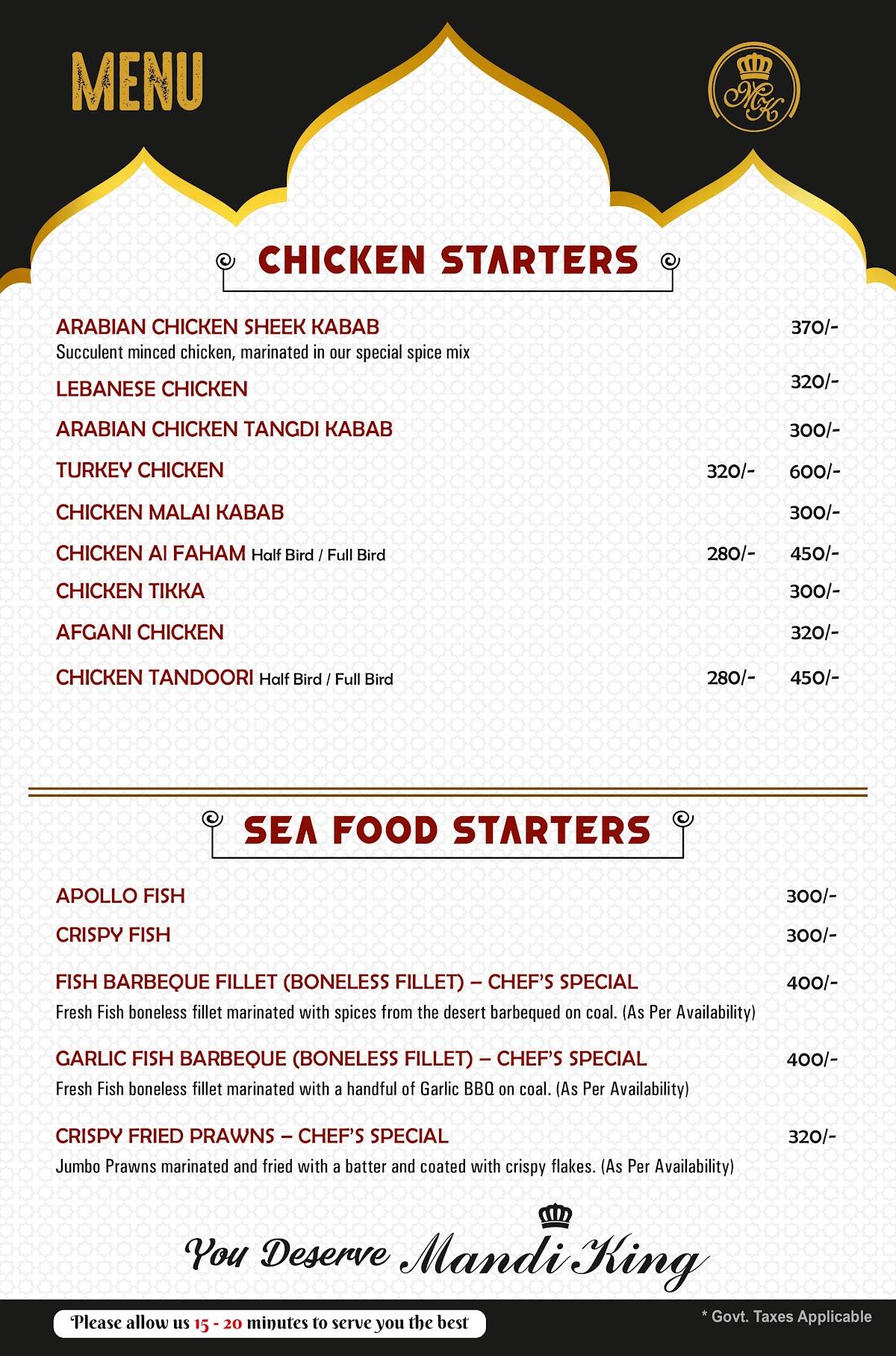 Mandi King Arabian Restaurant menu