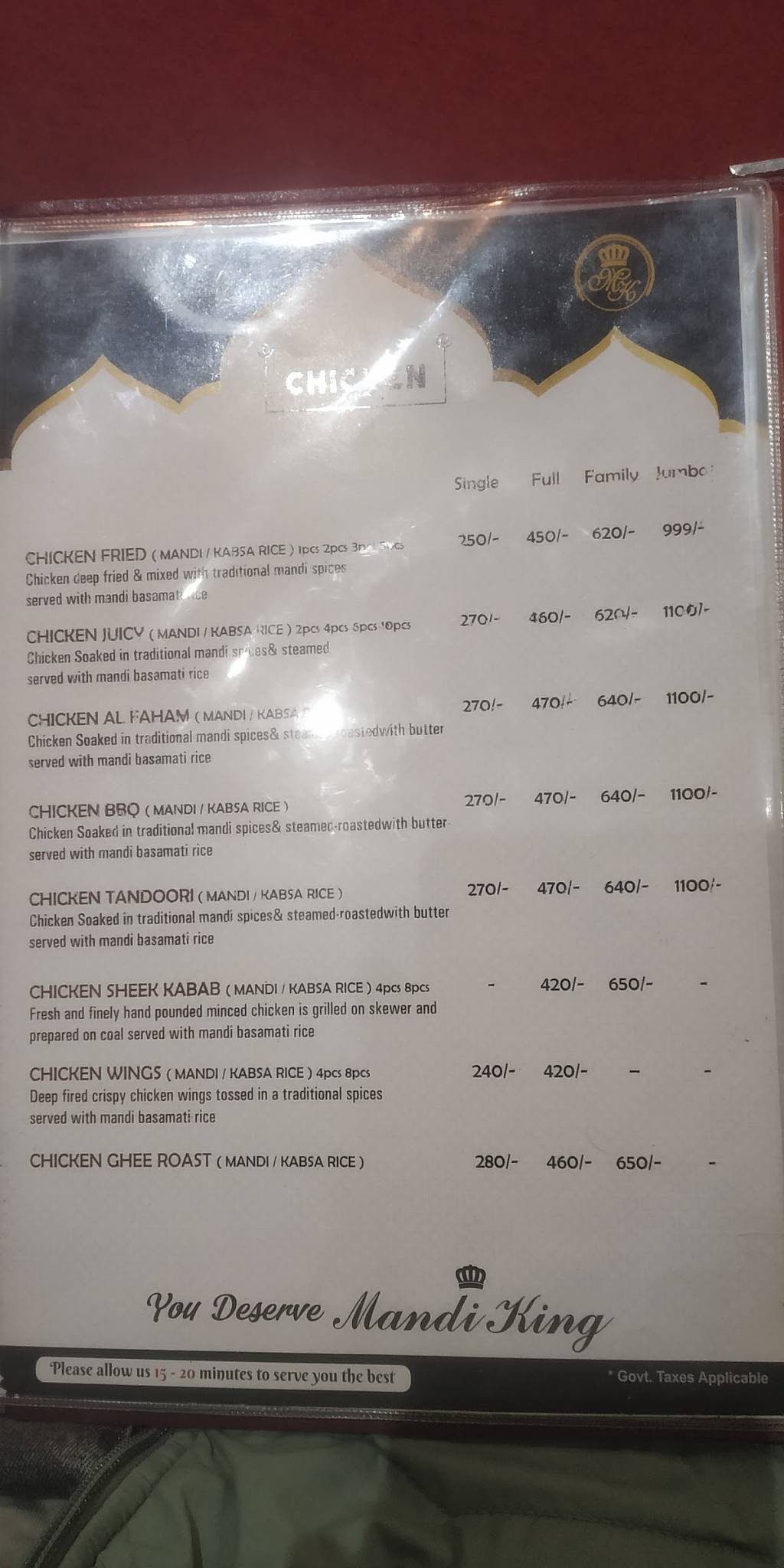 Mandi King Arabian Restaurant menu