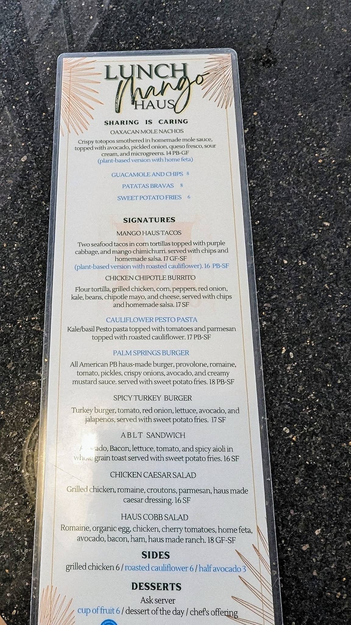 Menu at Mango Haus restaurant, Bakersfield