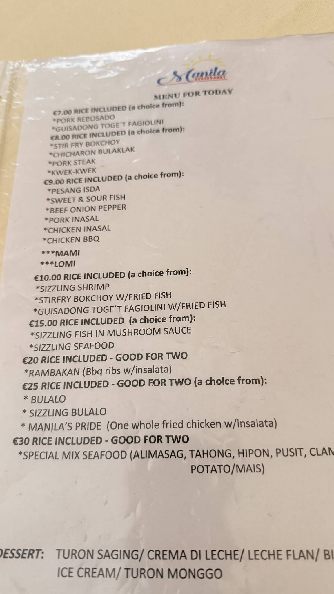 Menu di Manila Restaurant (cucina filippina) 