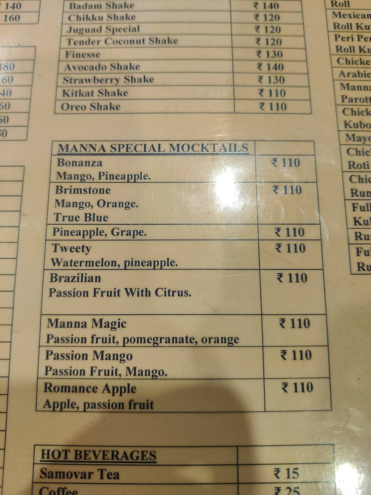 Manna Restaurant menu
