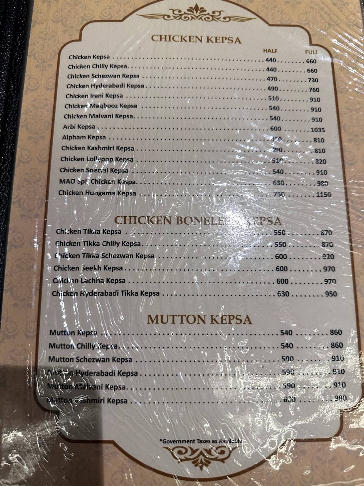 Mao Family Restaurant menu