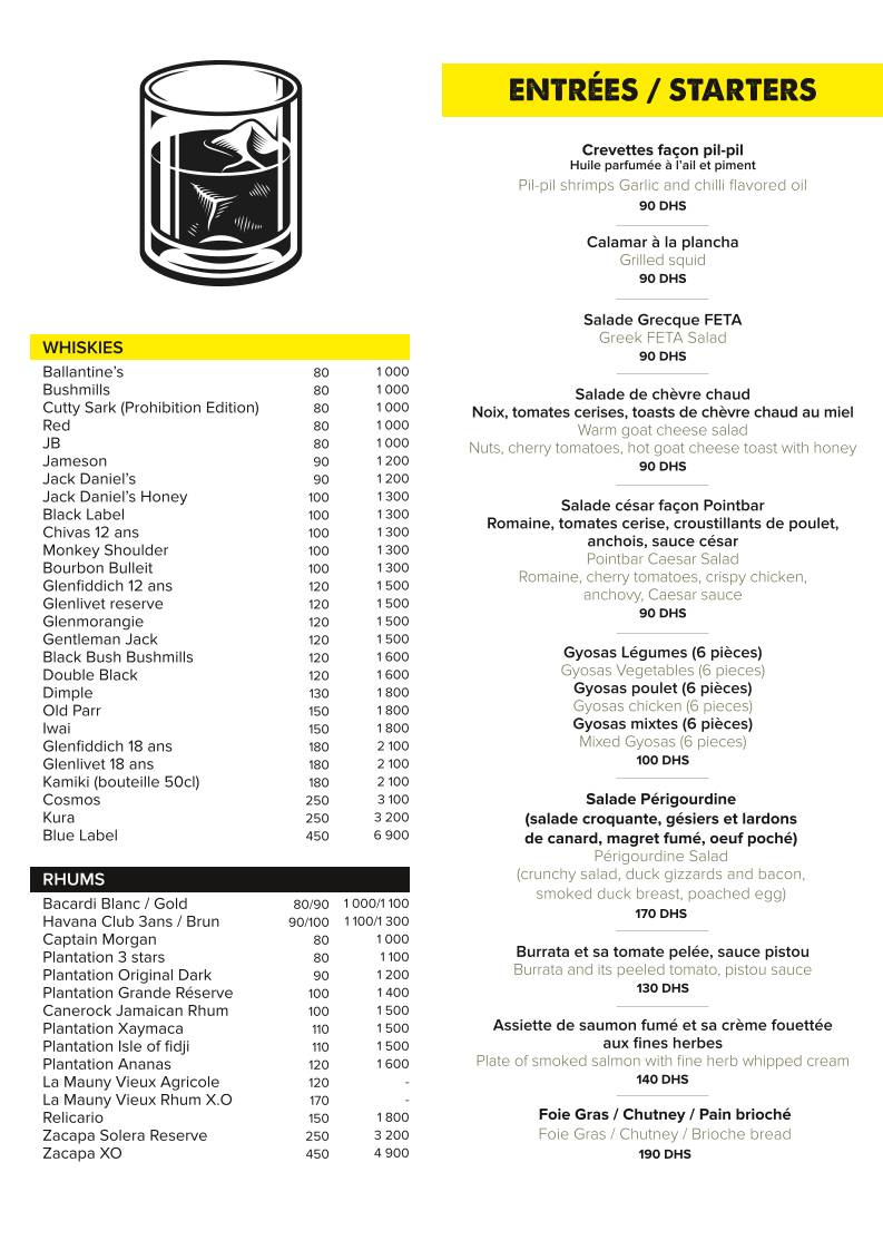 Menu de Pointbar Marrakech
