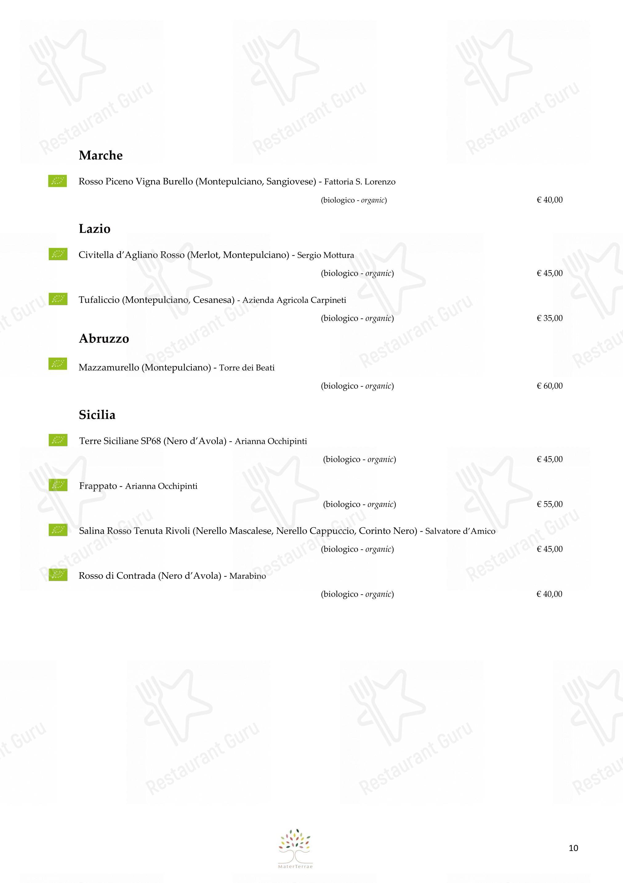 Mater Terrae in Roma - Wine Menu