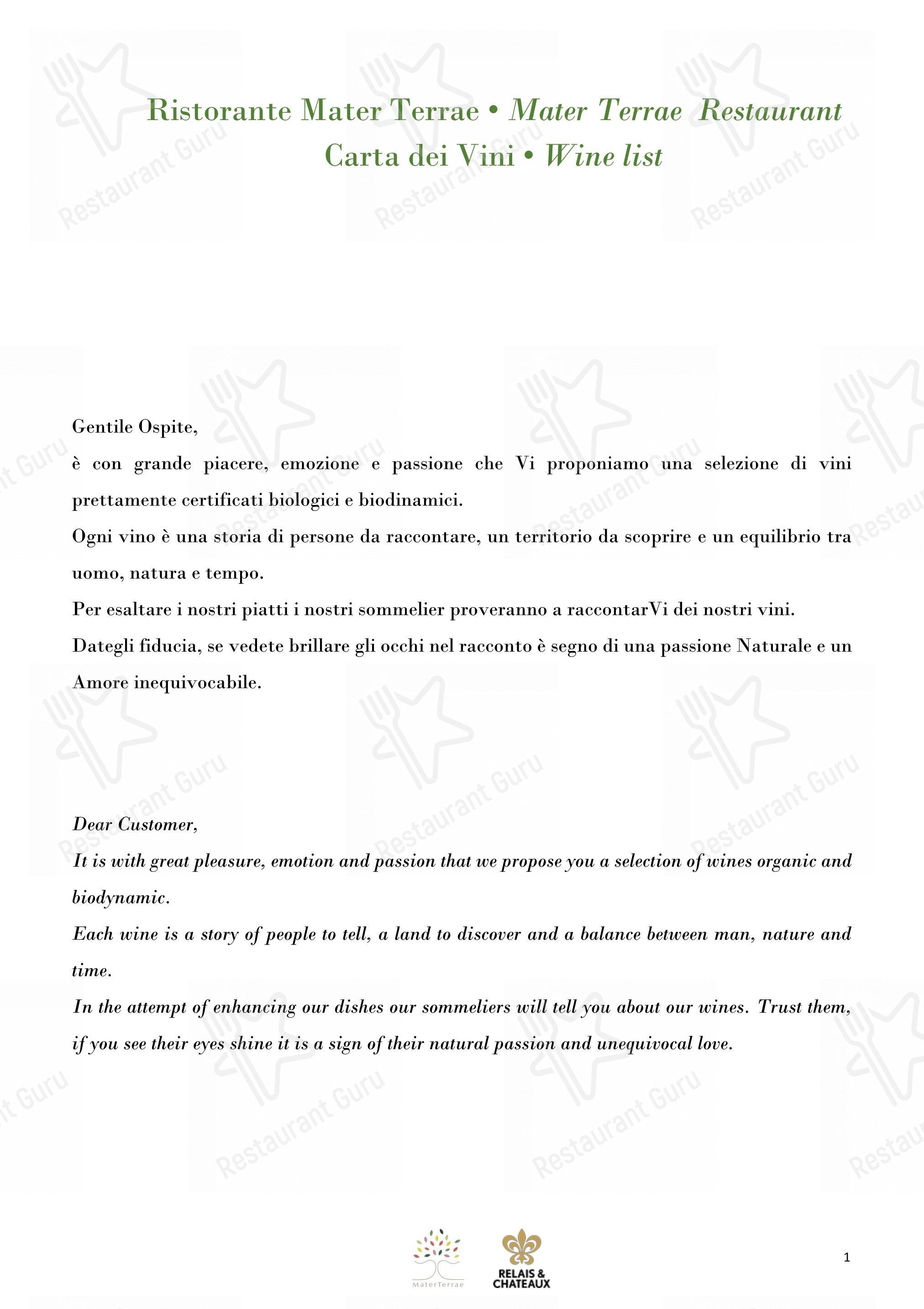 Menu di Mater Terrae - Wine Menu