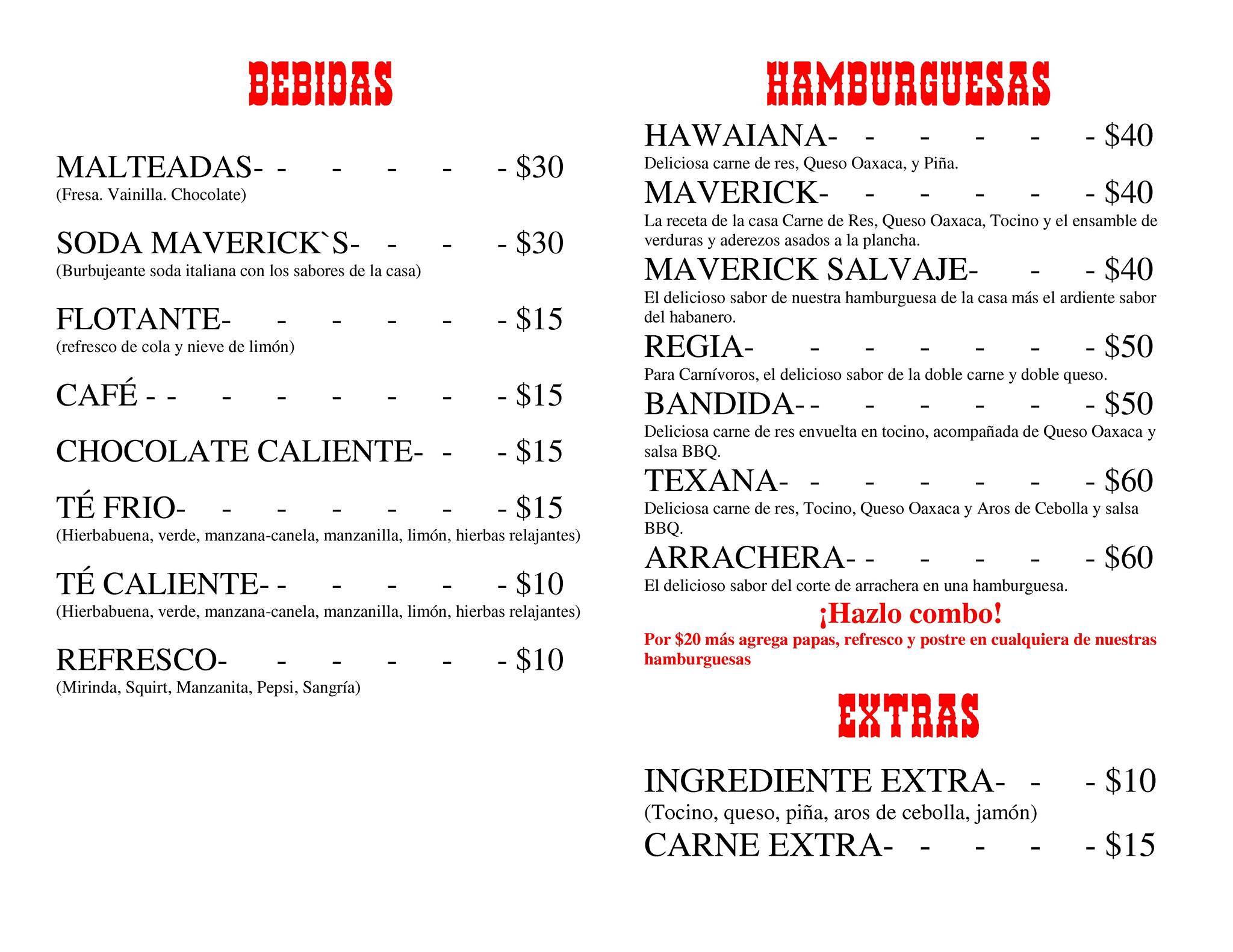 Menu at Maverick's restaurant, Mexico City, Emiliano Zapata 135