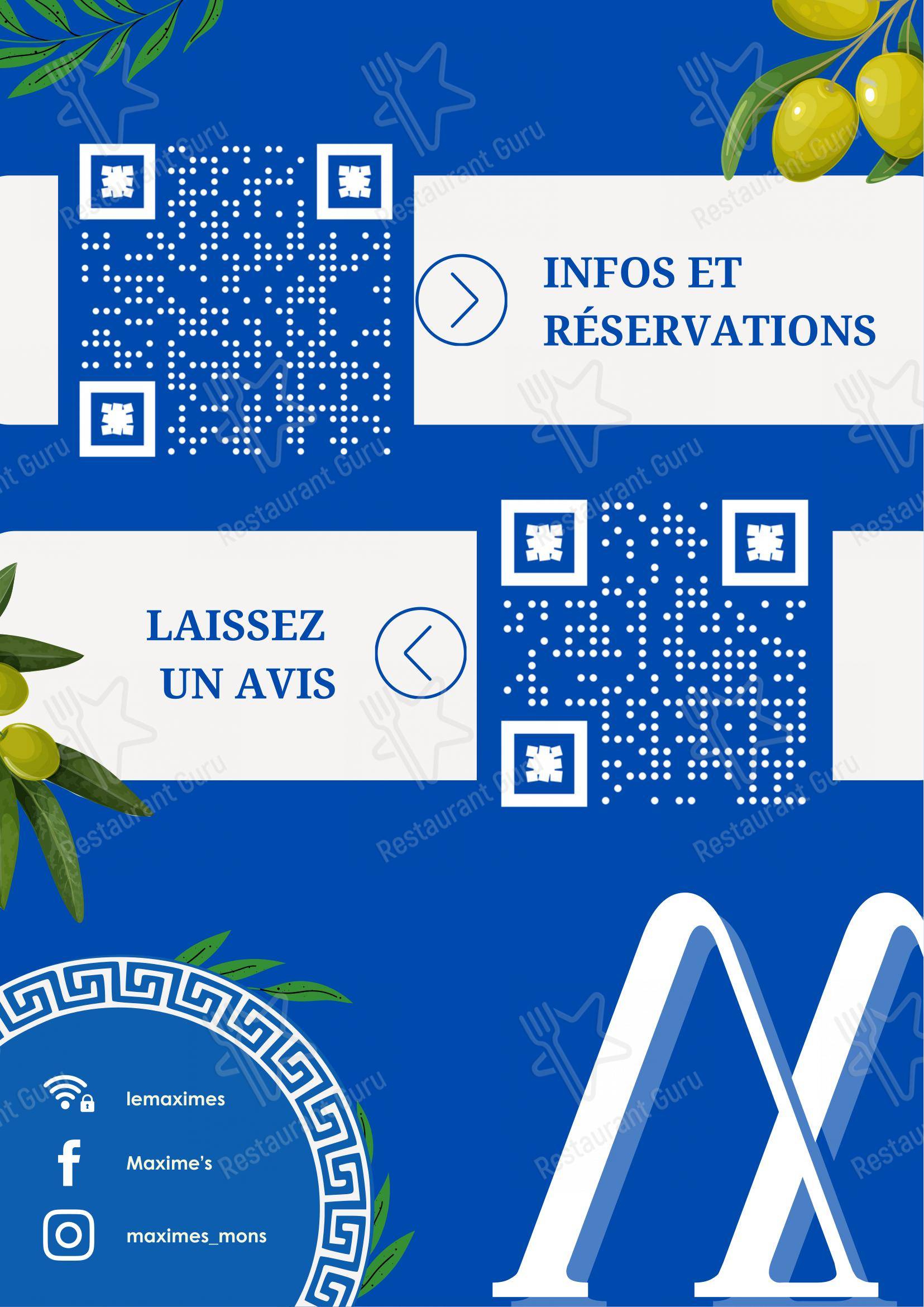 Menu pour Maxime's dans Mons