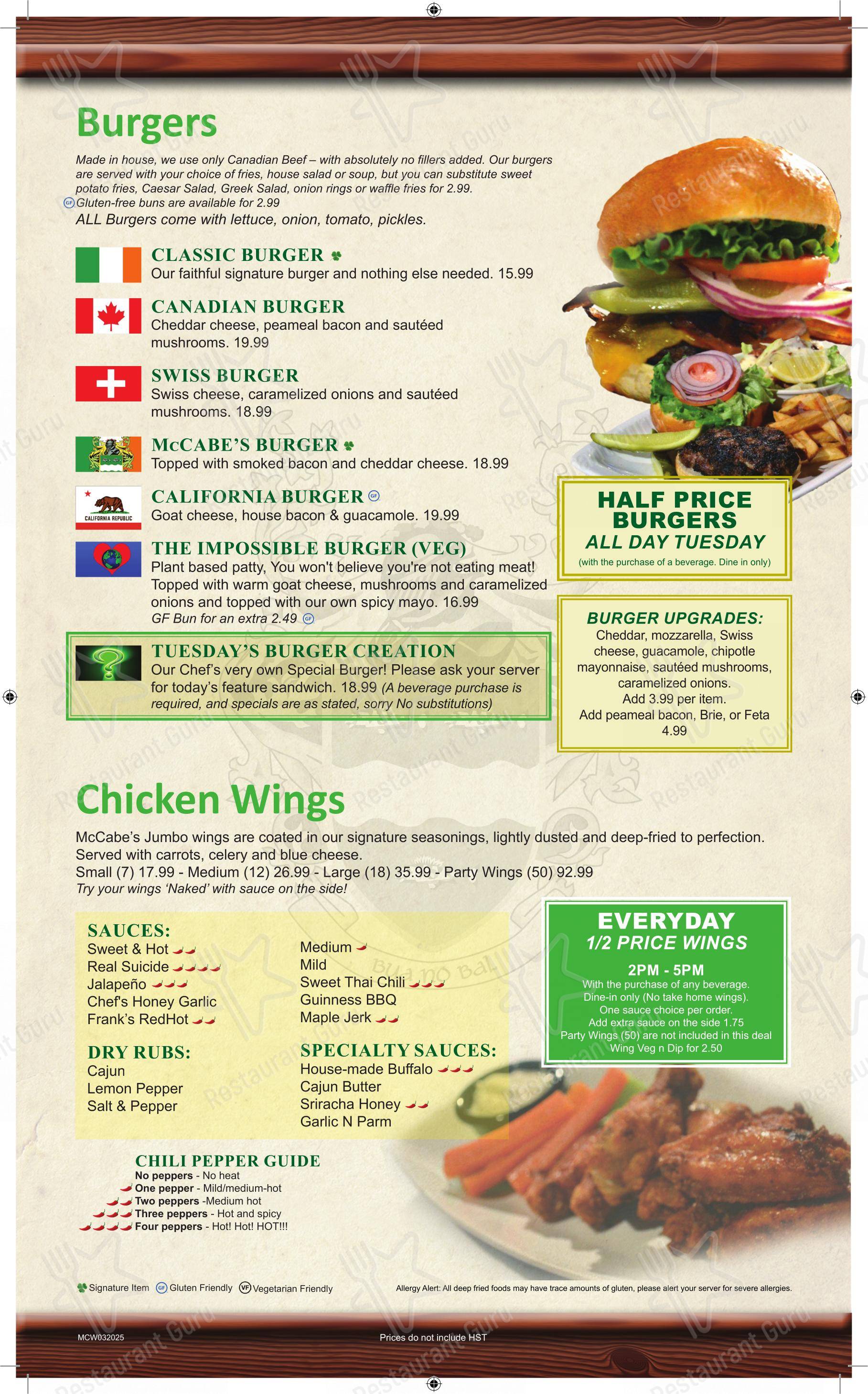 Menu pour McCabe's Irish Pub & Grill dans Waterloo