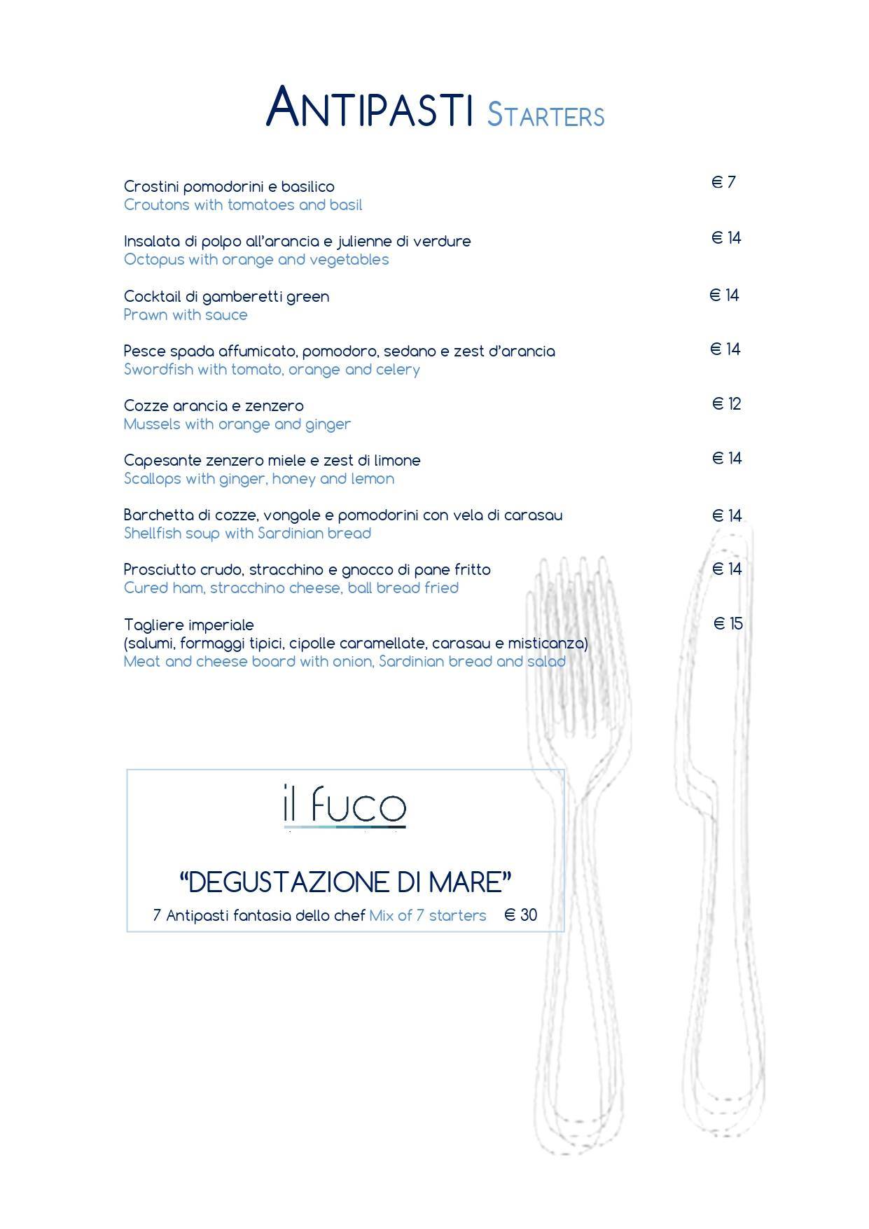 Menu di Hotel Meli 3 Stelle Fronte mare Castelsardo 