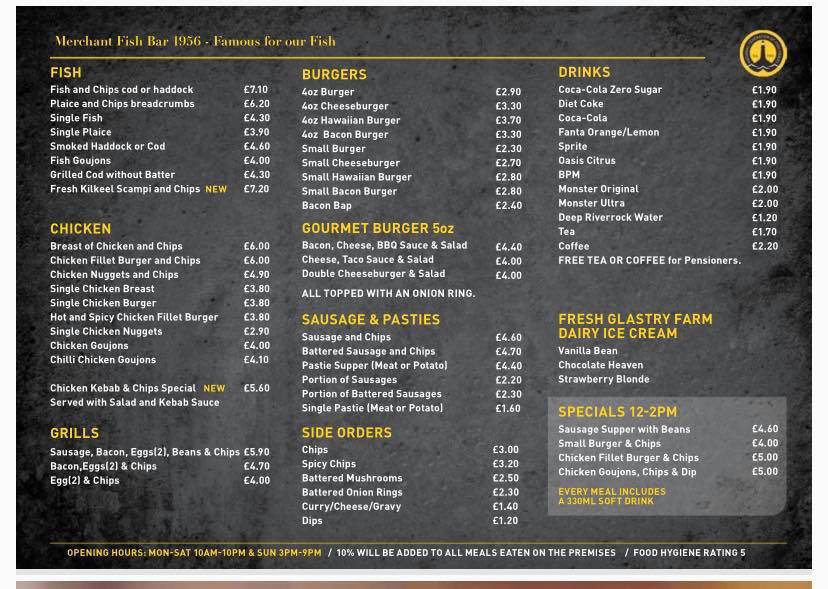 Menu at Merchant Fish and Chips Shop Broughshane fast food, Ballymena