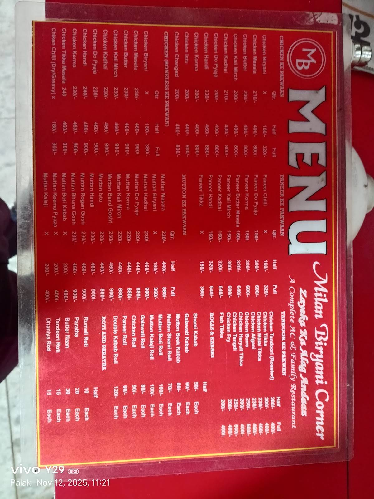 Milan Biryani Corner menu
