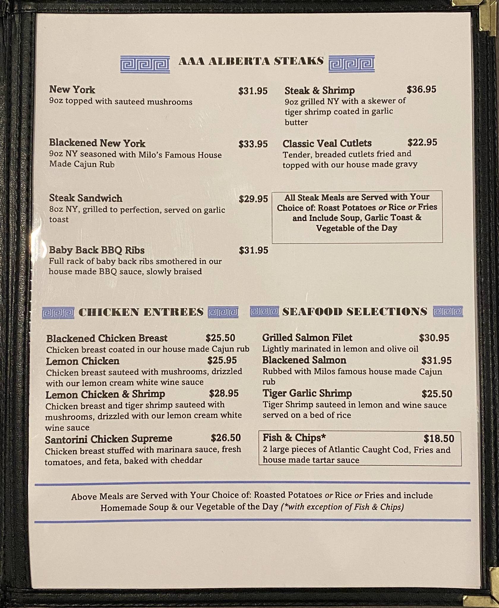 Menu at Milos Grill steakhouse, Hinton, 120 Felaber Rd