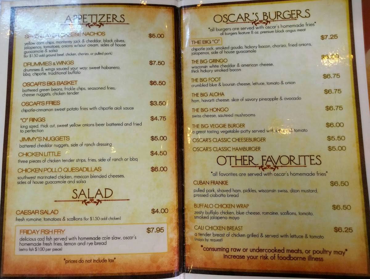 Menu at Oscar's Pub & Grill, Milwaukee