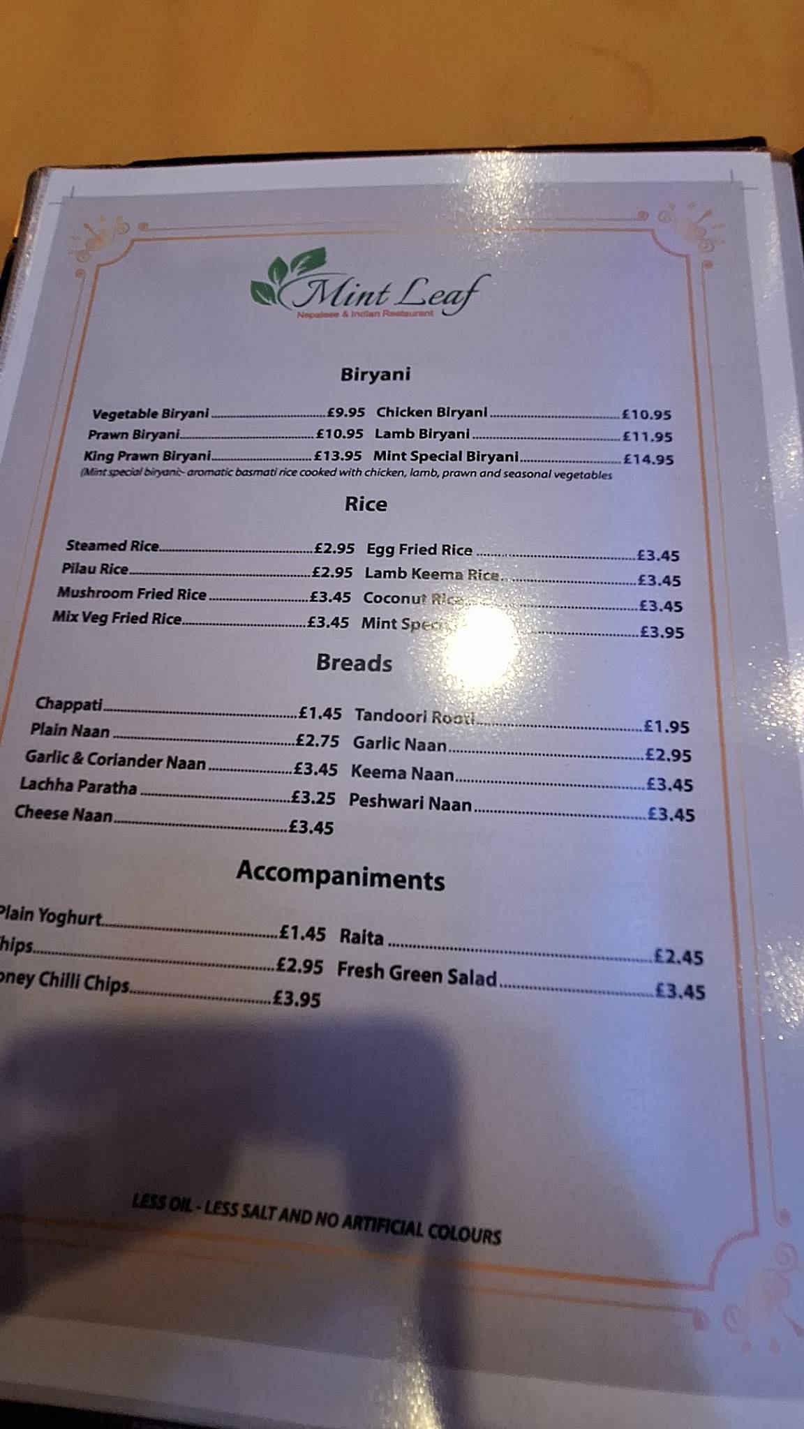 Menu at Mint leaf Nepalese and indian restaurant, Stirling