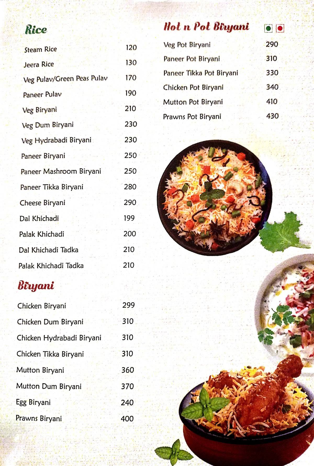 Spice & Rice Restaurant menu