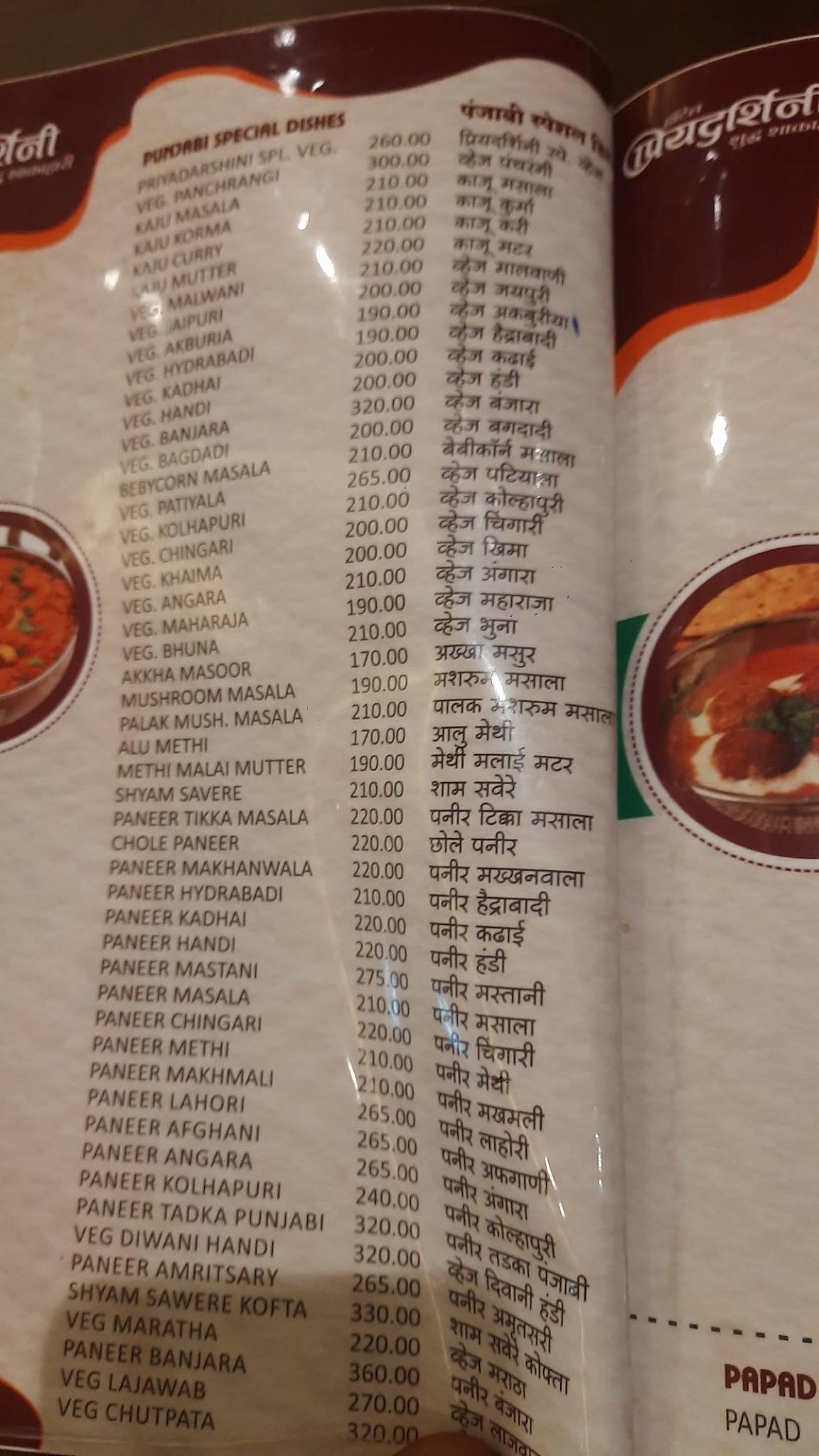 Hotel Priyadarshini menu