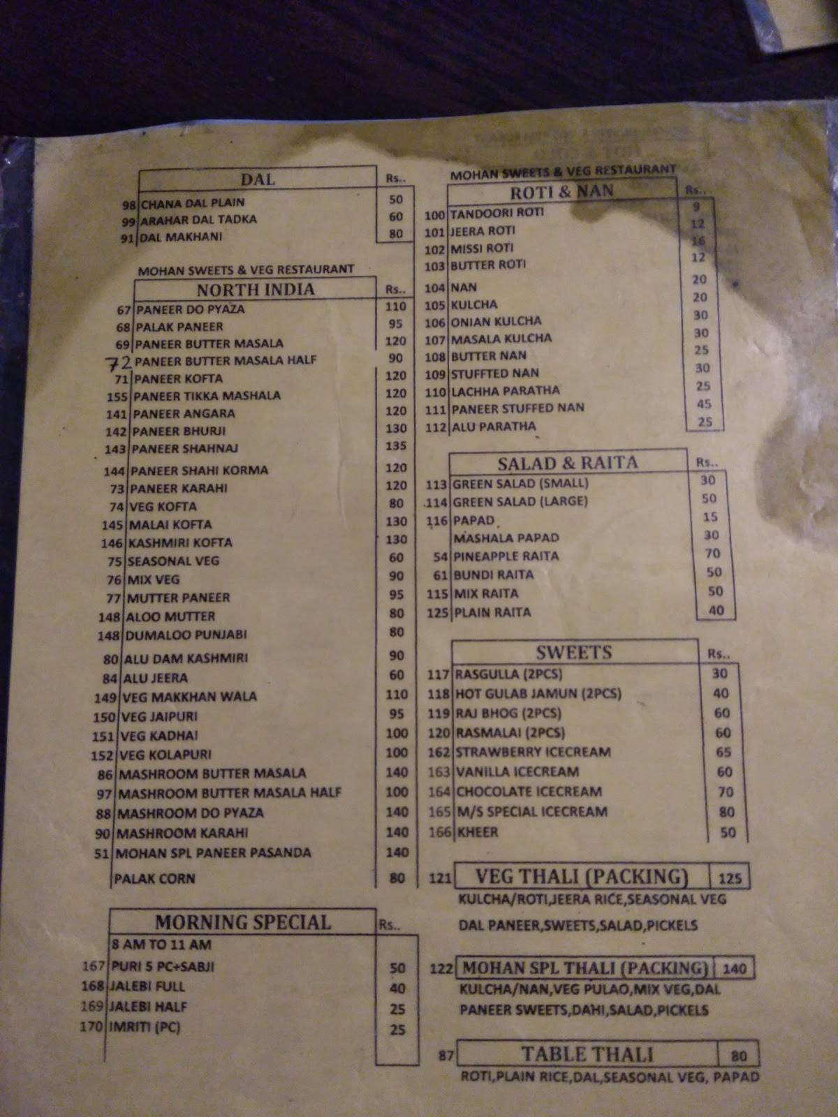 Mohan Sweet Veg. Restaurant menu