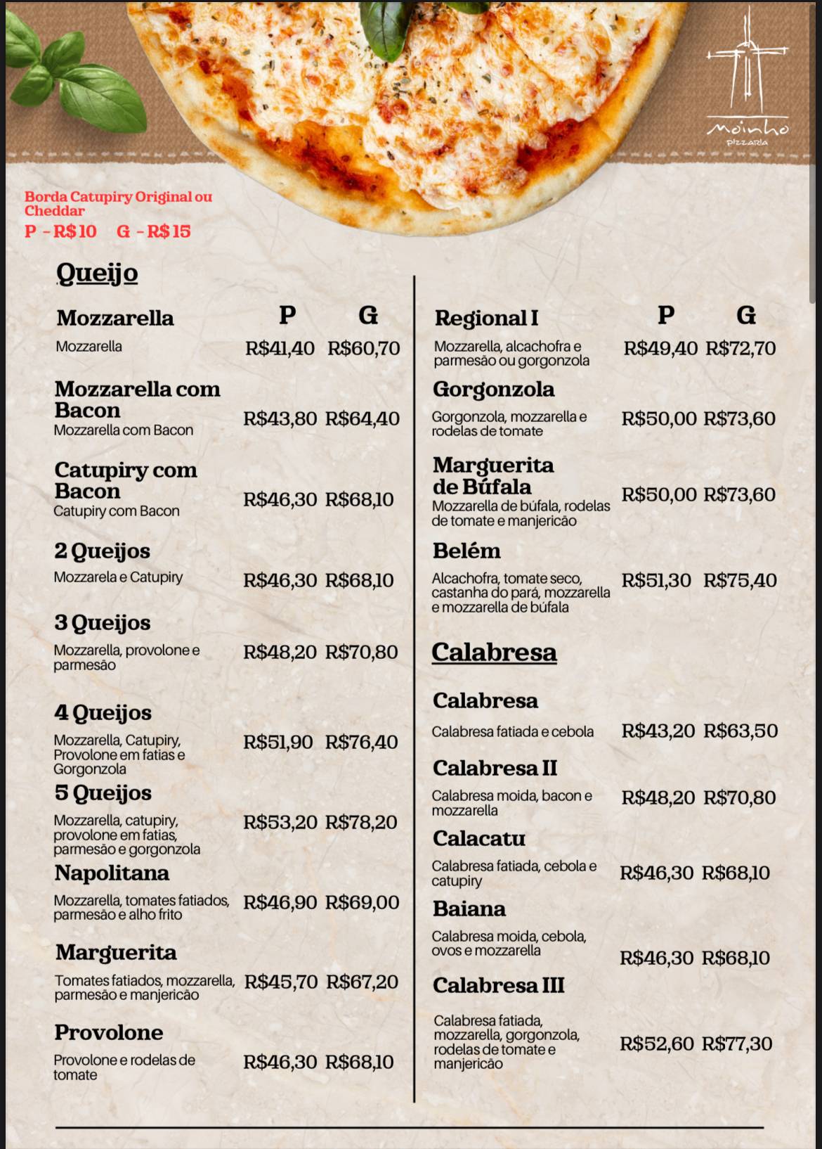Moinho Pizzaria cardápio