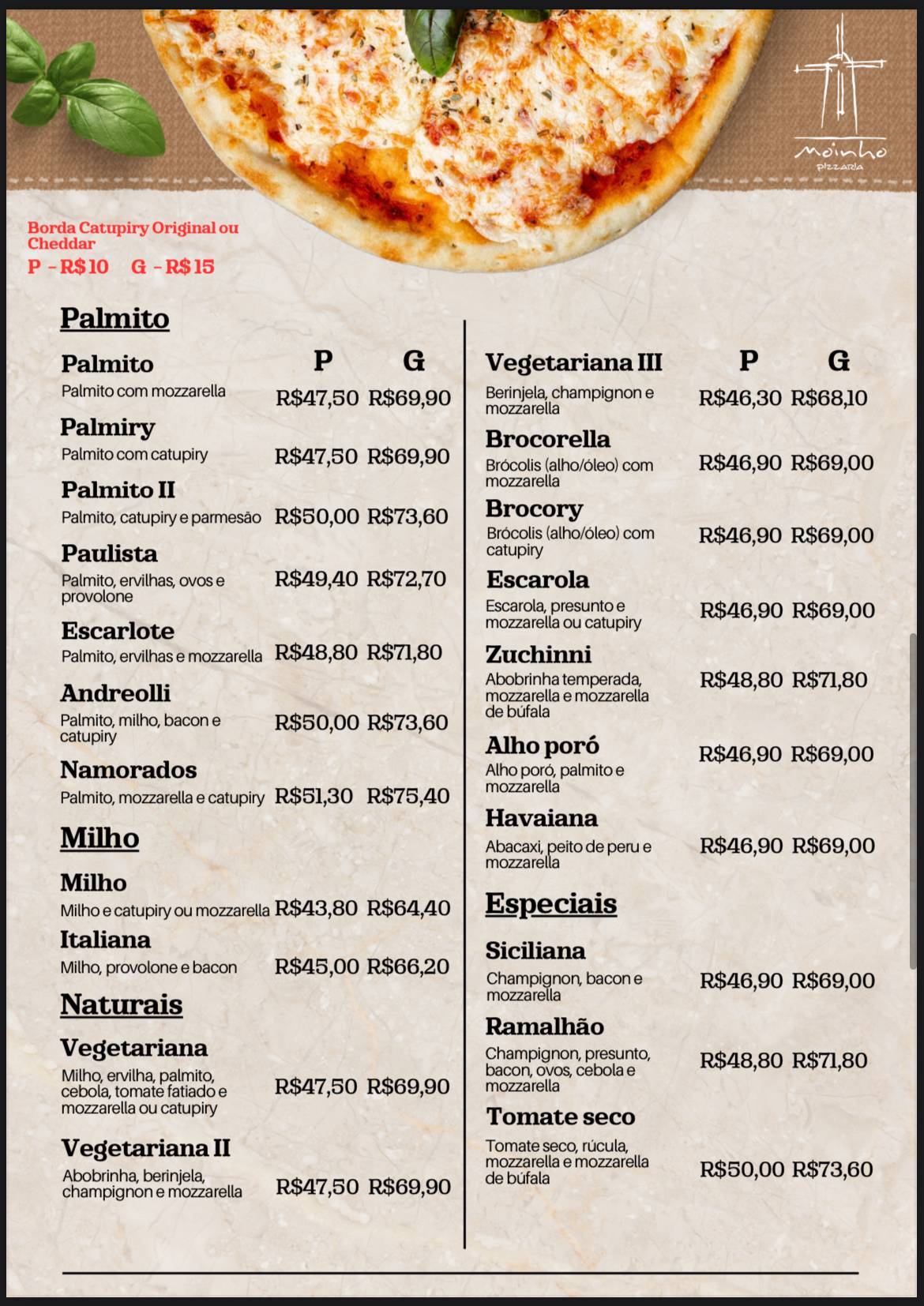 Moinho Pizzaria cardápio