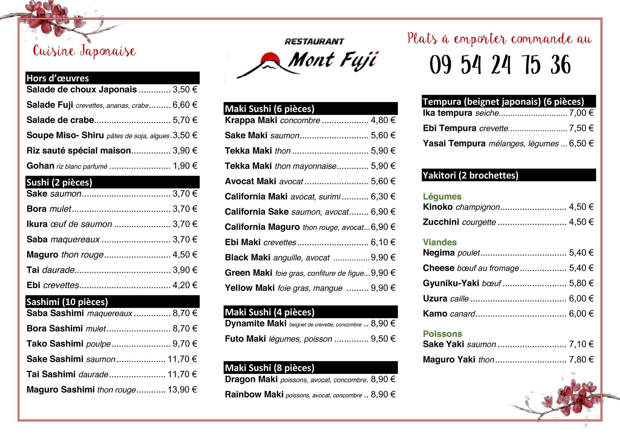 Menu au Mont Fuji Restaurant Buffet à volonté chinois Japonais, PlaisanceduTouch