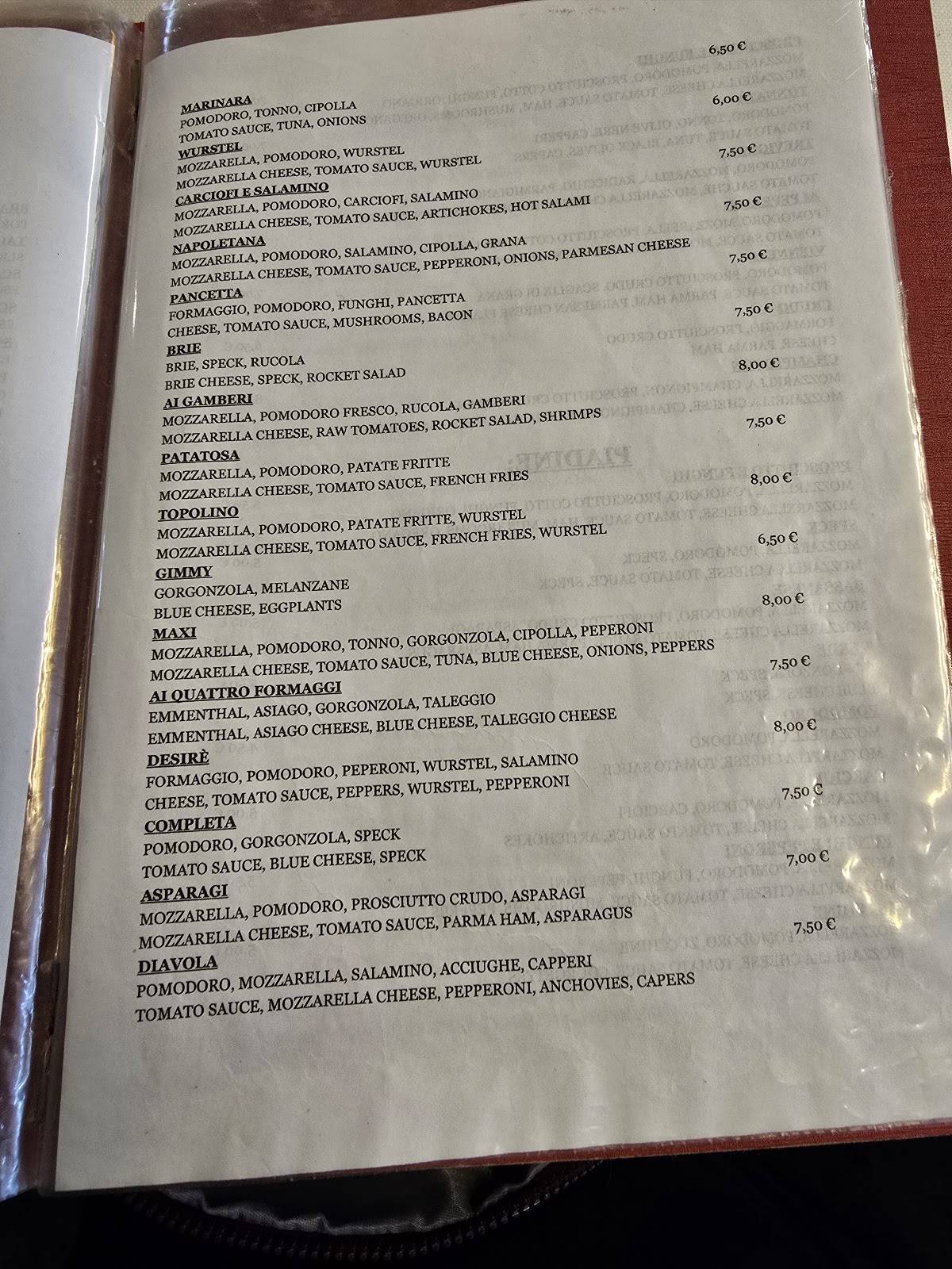 Menu di Spaghetteria Wonderful 