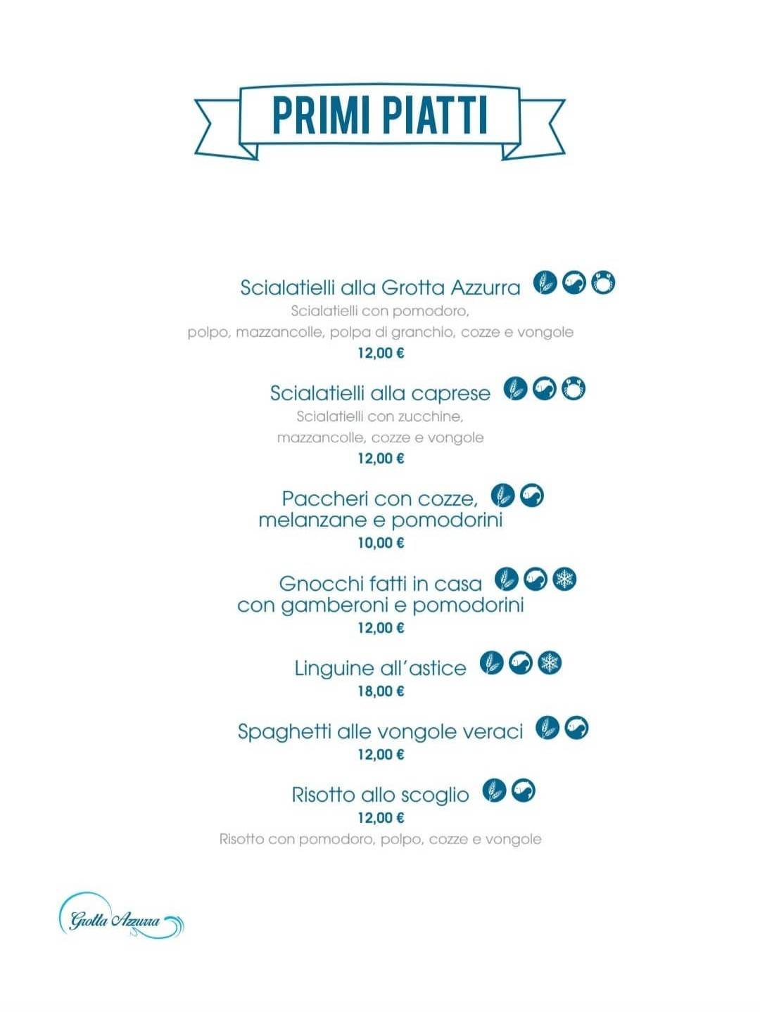 Menu di Grotta Azzurra - Ristorante Pizzeria 