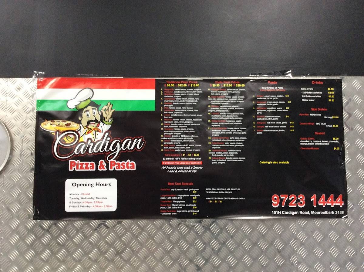 Menu at Cardigan Pizza pizzeria, Mooroolbark