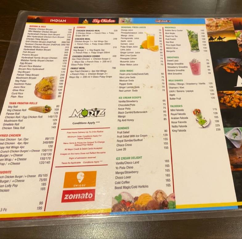 Moriz Restaurant Brookfield menu