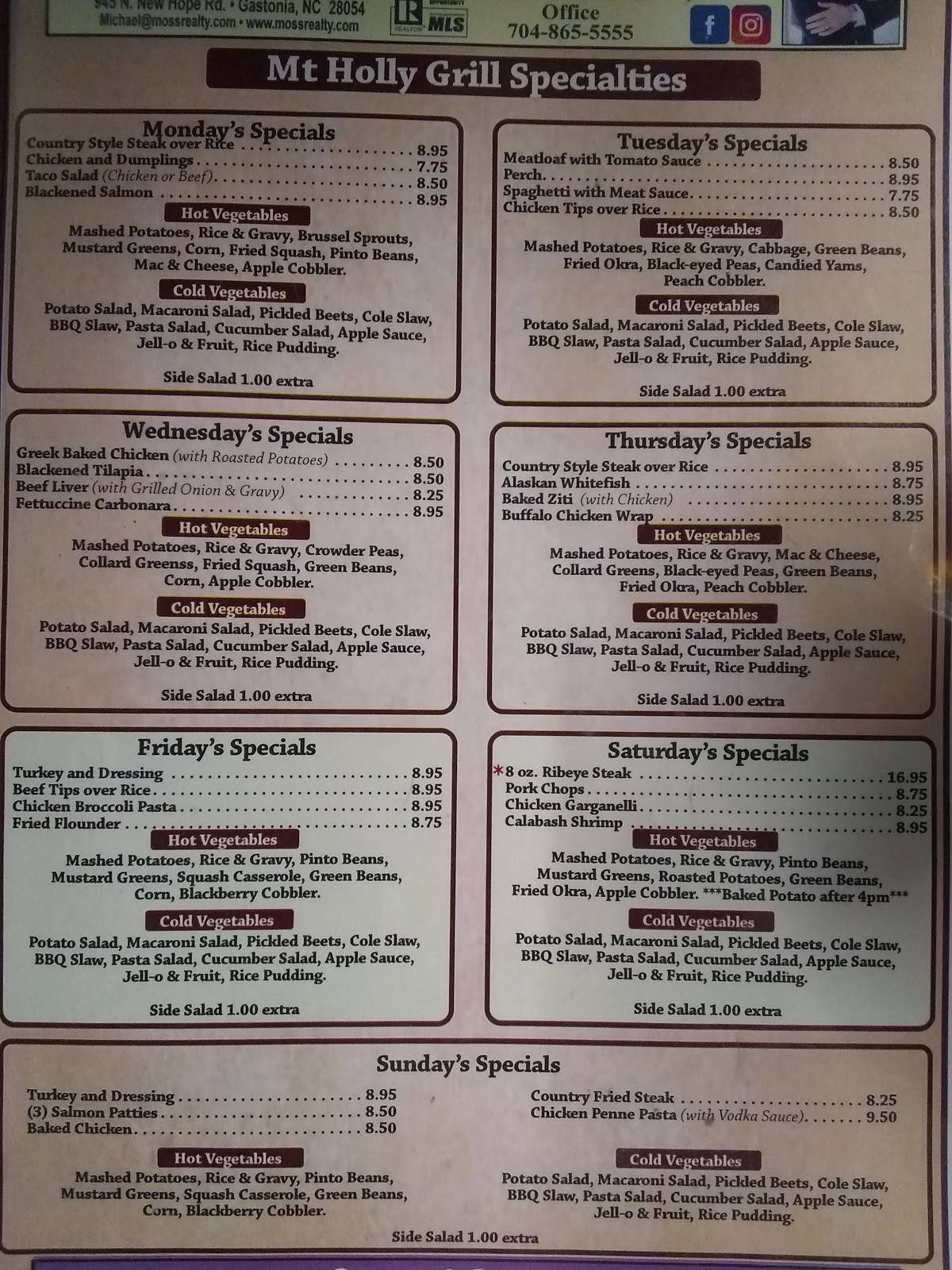 Menu at Mount Holly Grill restaurant, Mount Holly