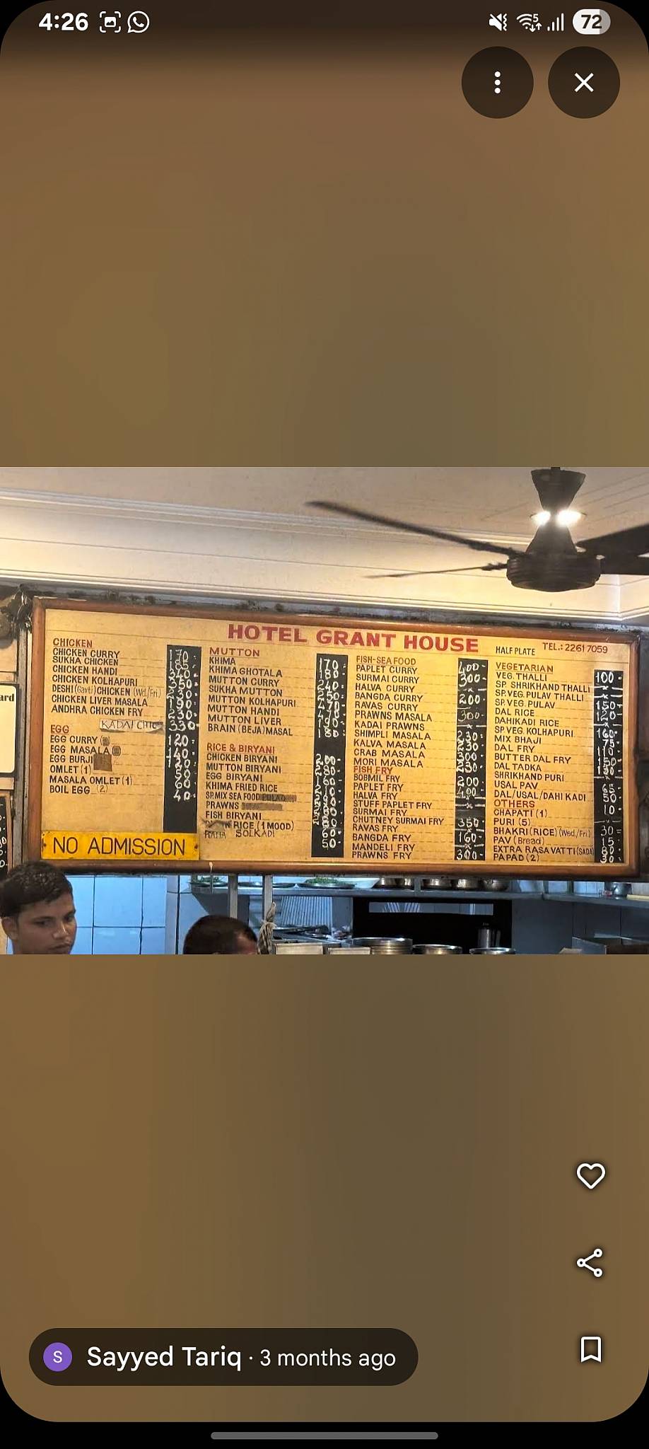 Hotel Grant House menu