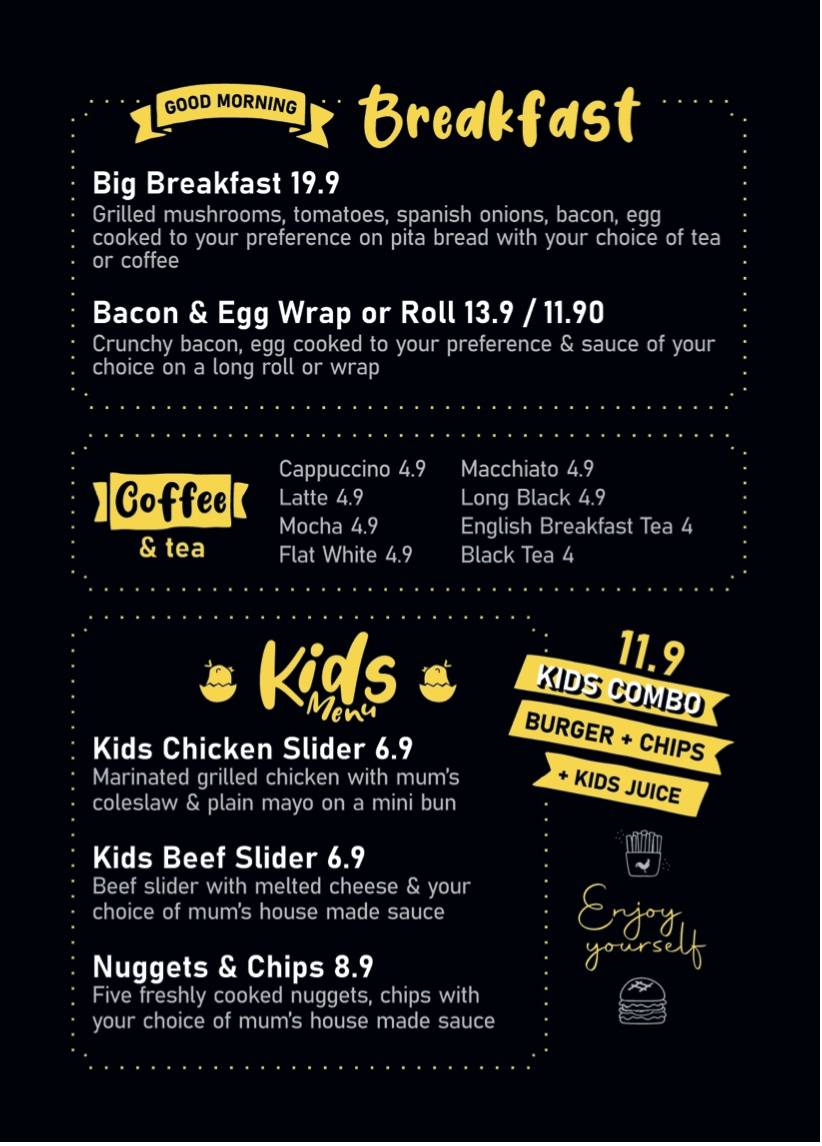 Menu at Mum's Charcoal & Grill restaurant, Pialba