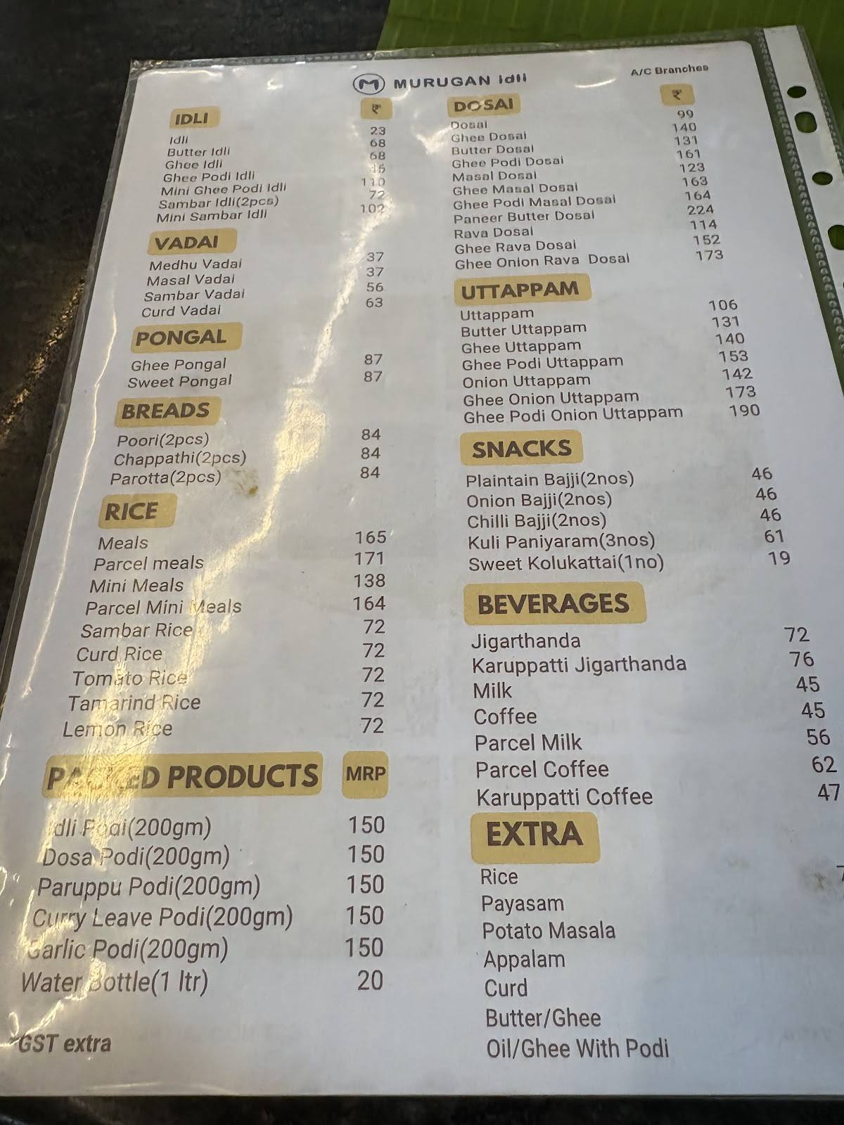 Murugan Idli Shop menu