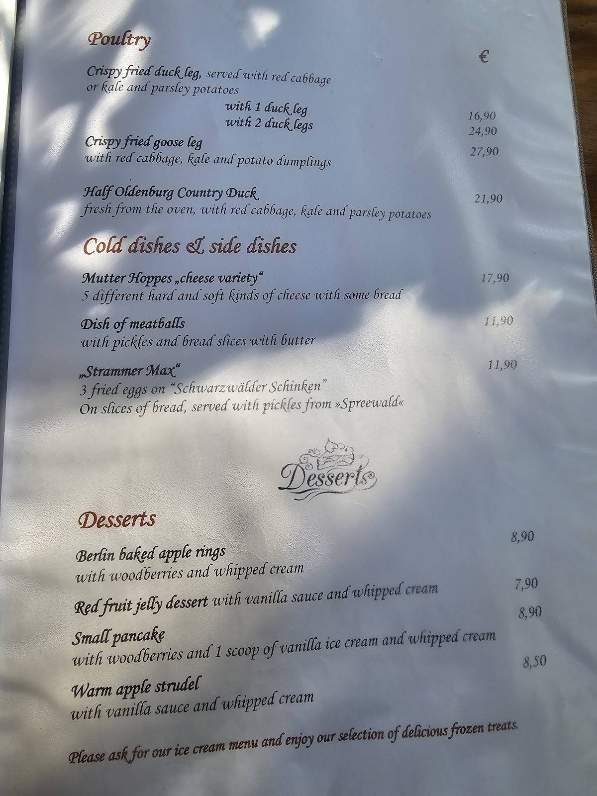 Menu de Gasthaus Mutter Hoppe