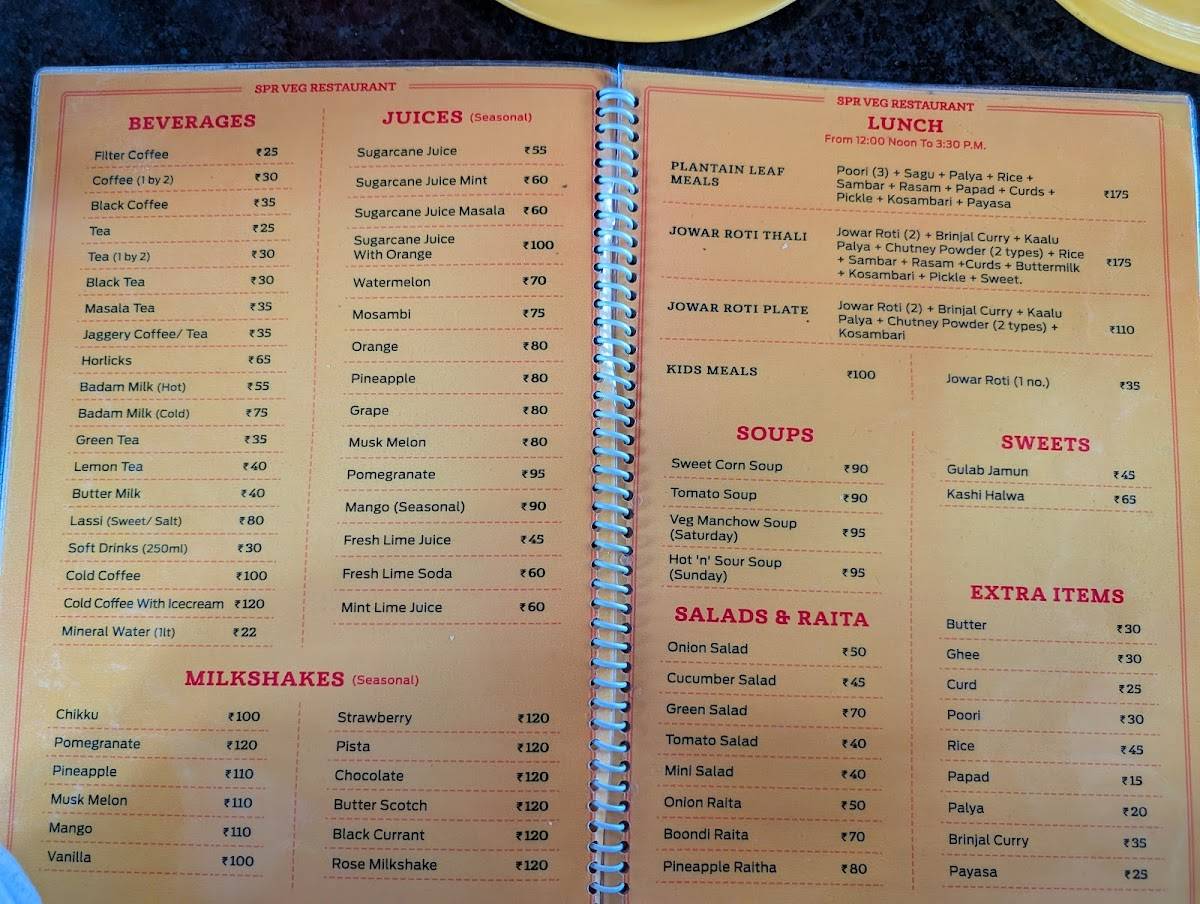SPR Veg Restaurant menu