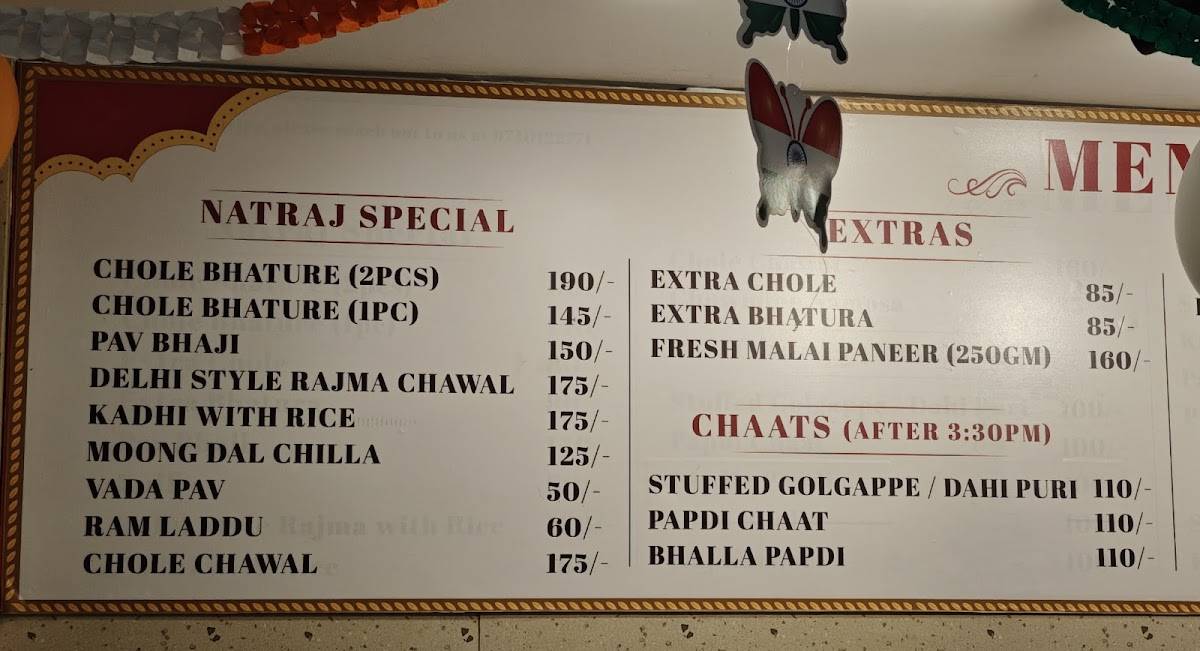 NATRAJ CHOLE BHATURE menu