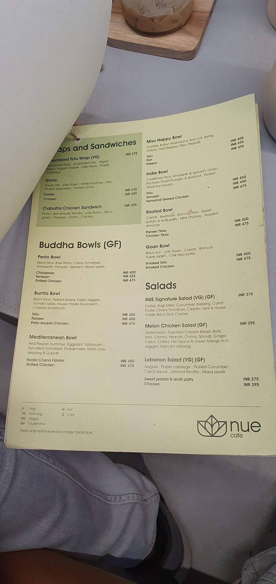 NUE Cafe menu