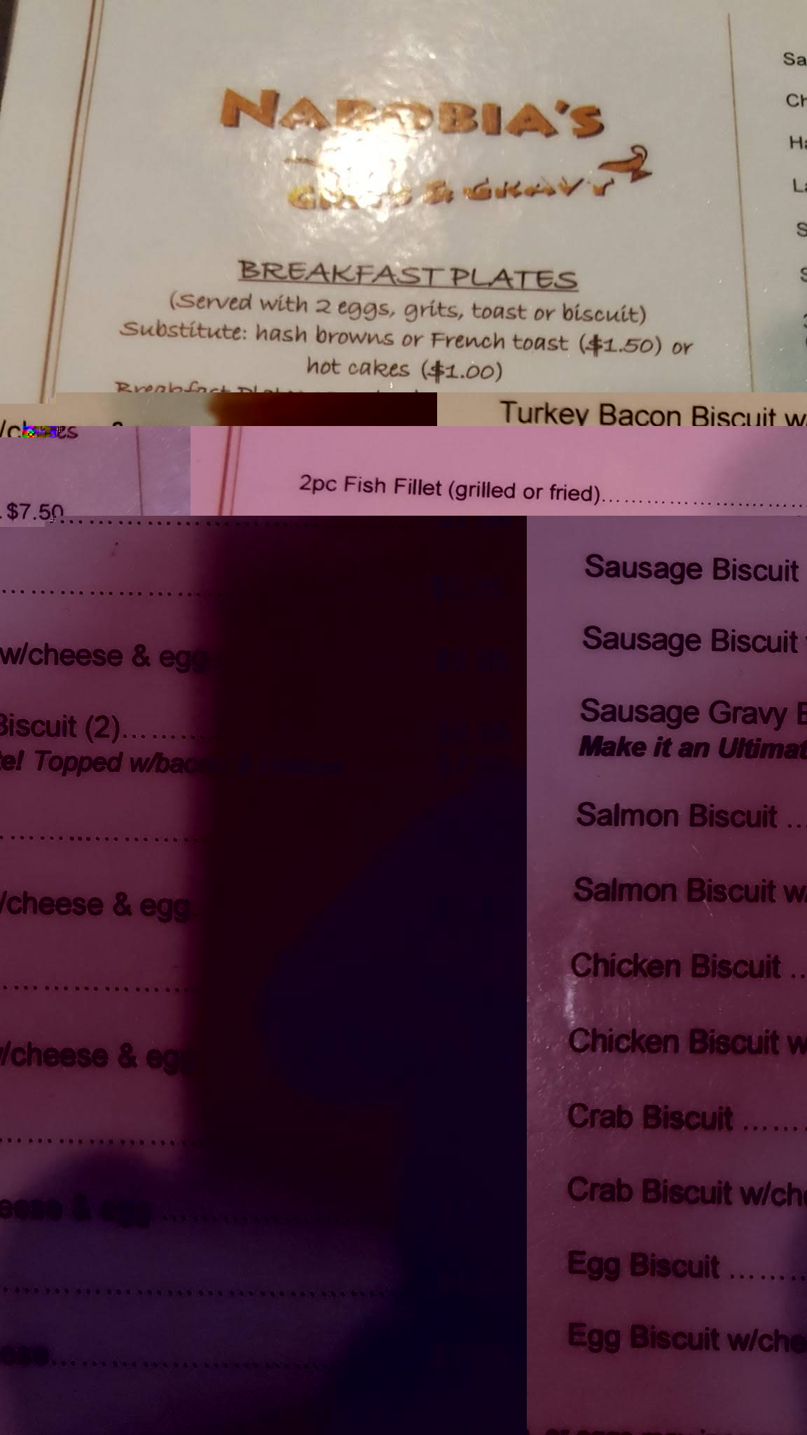 Menu at Narobia's Grits & Gravy restaurant, Savannah