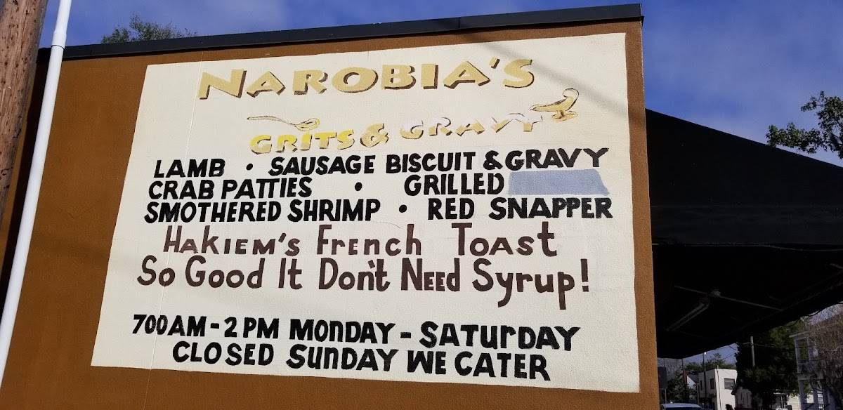 Menu at Narobia's Grits & Gravy restaurant, Savannah