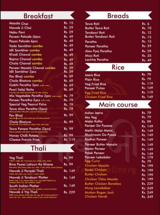 Nawab Ji menu