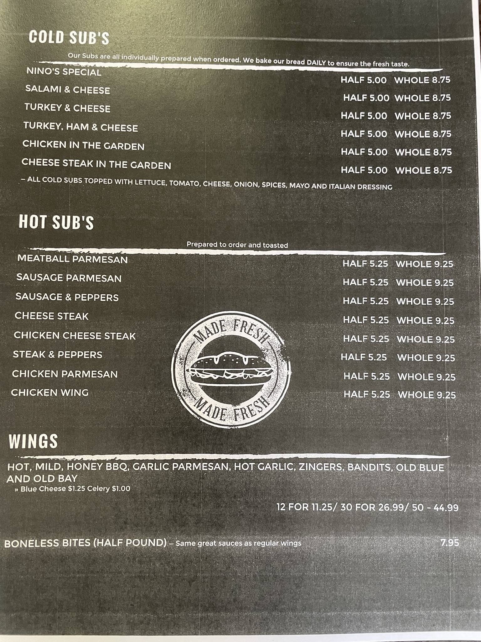 Menu at Nino's Pizza pizzeria, Shickshinny, 162 Route 239