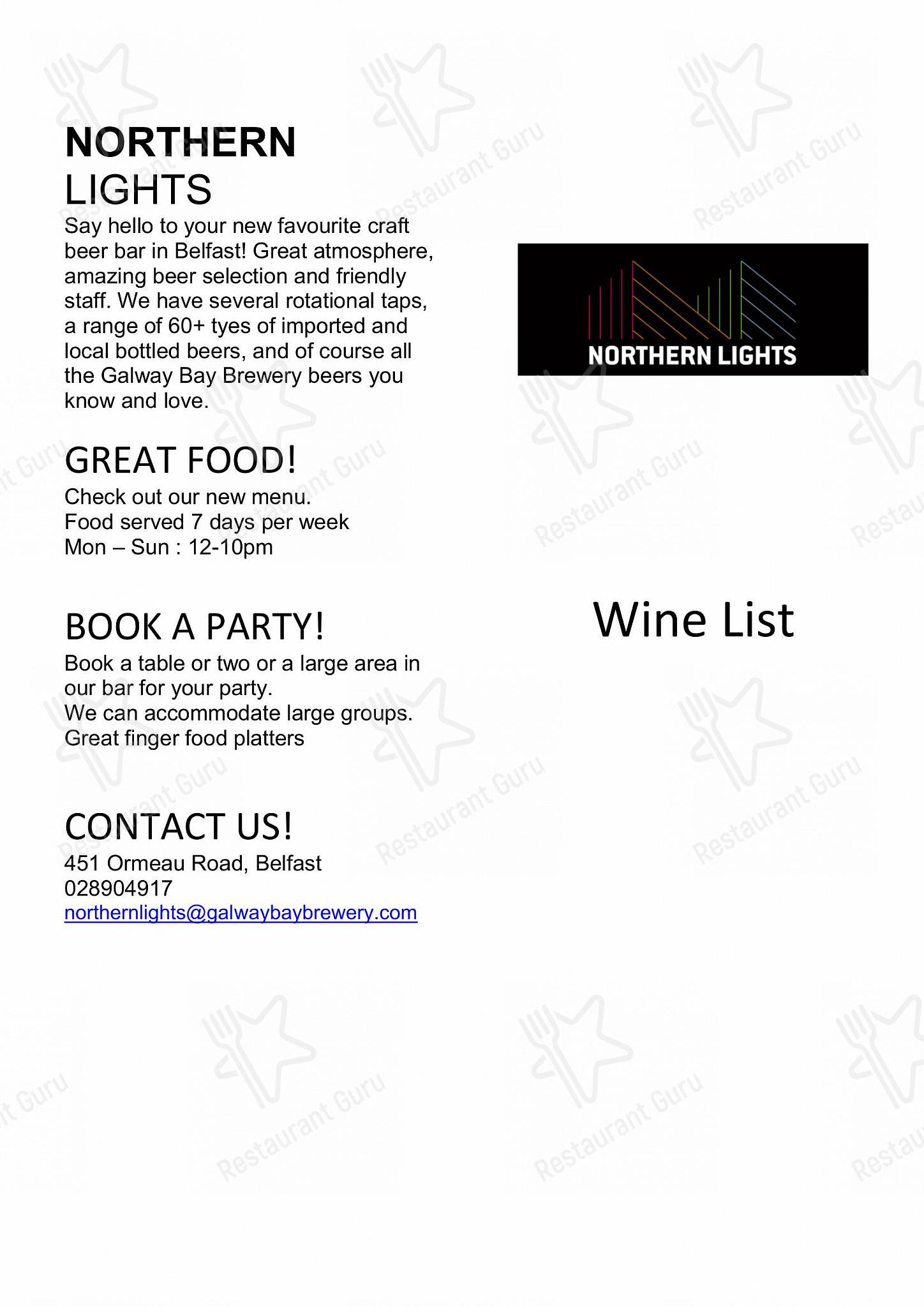 Menu at Northern Lights pub & bar, Belfast
