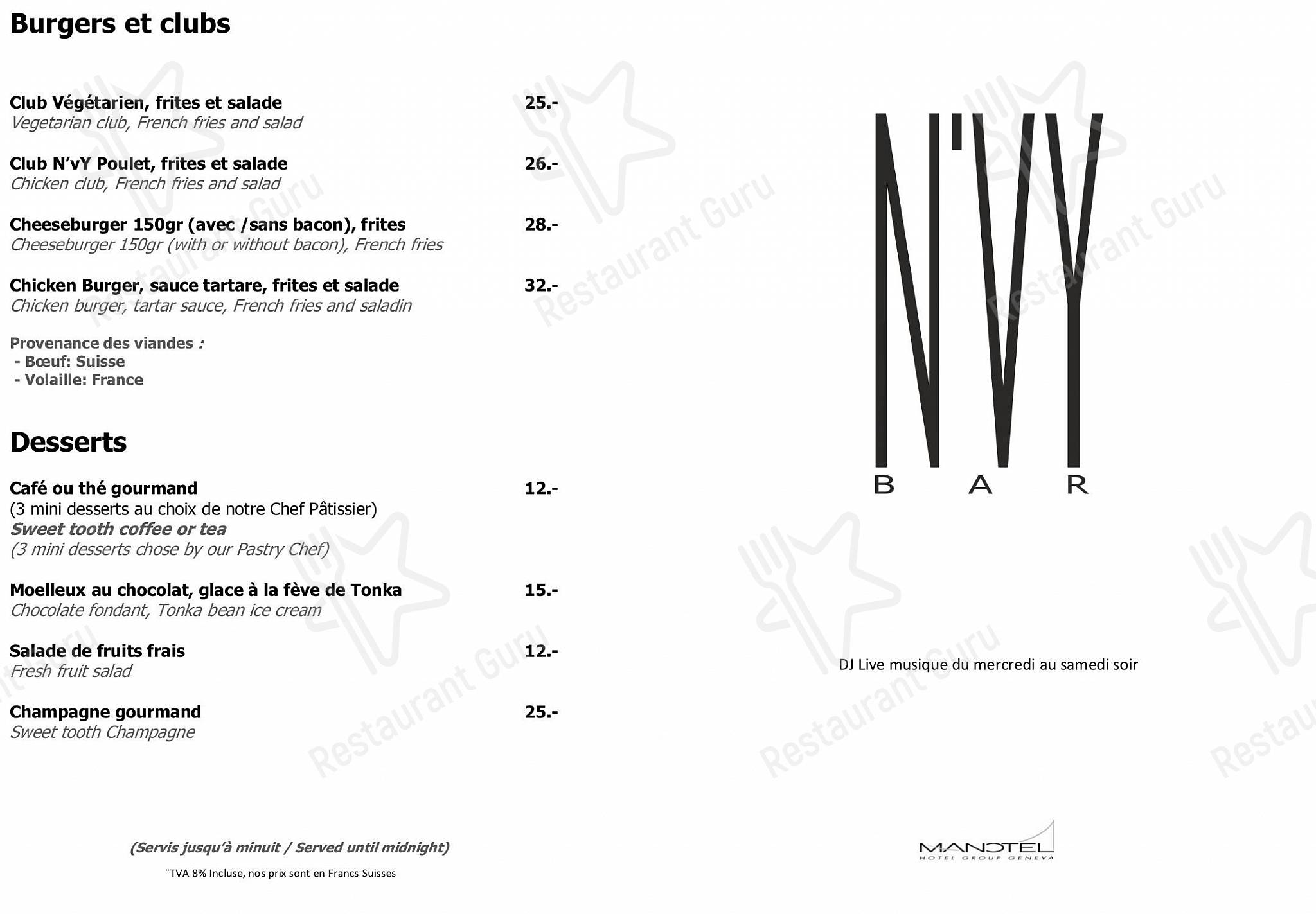 Ночное меню per Hotel N’vy in Ginevra